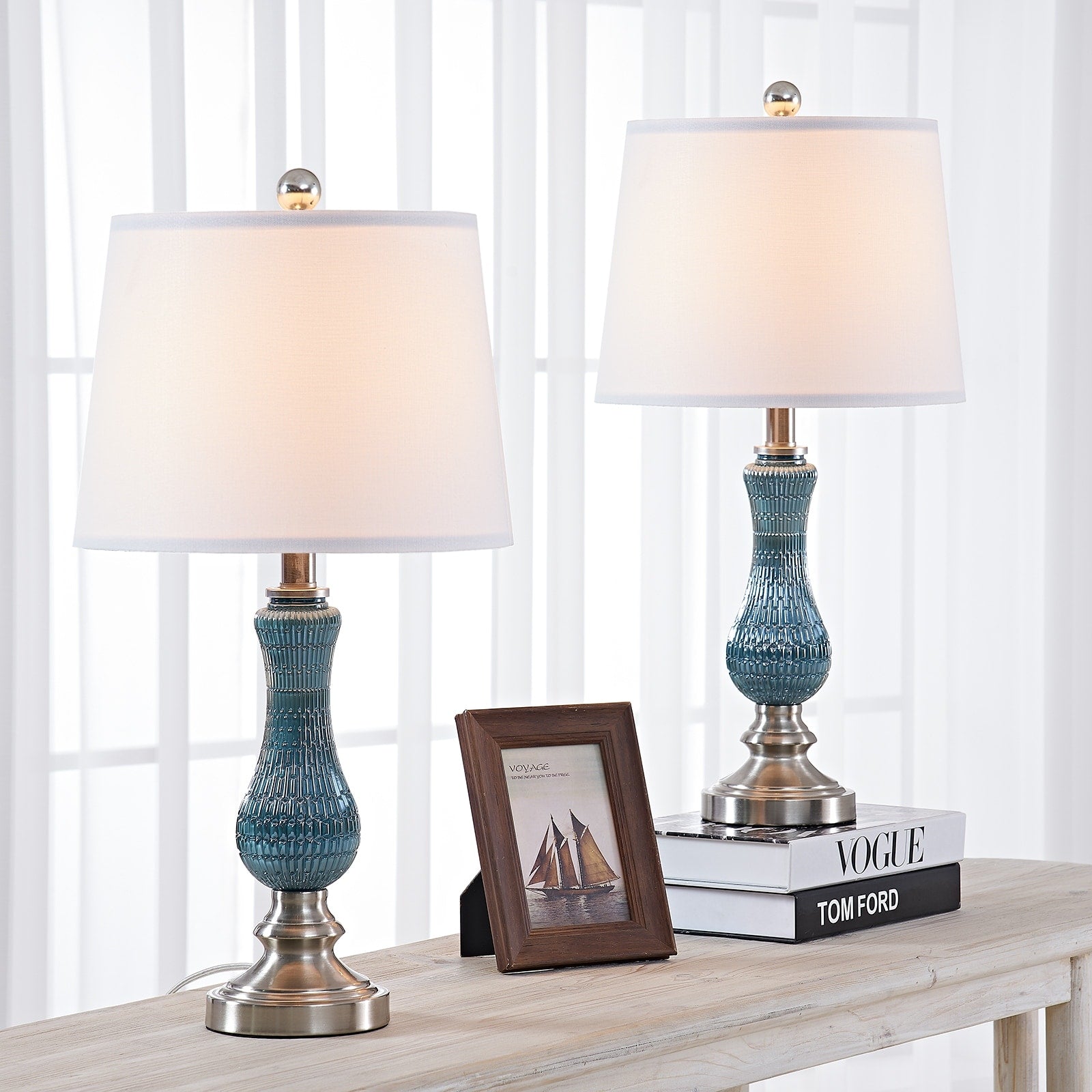 Lot de 2 lampes de table en verre bleu clair