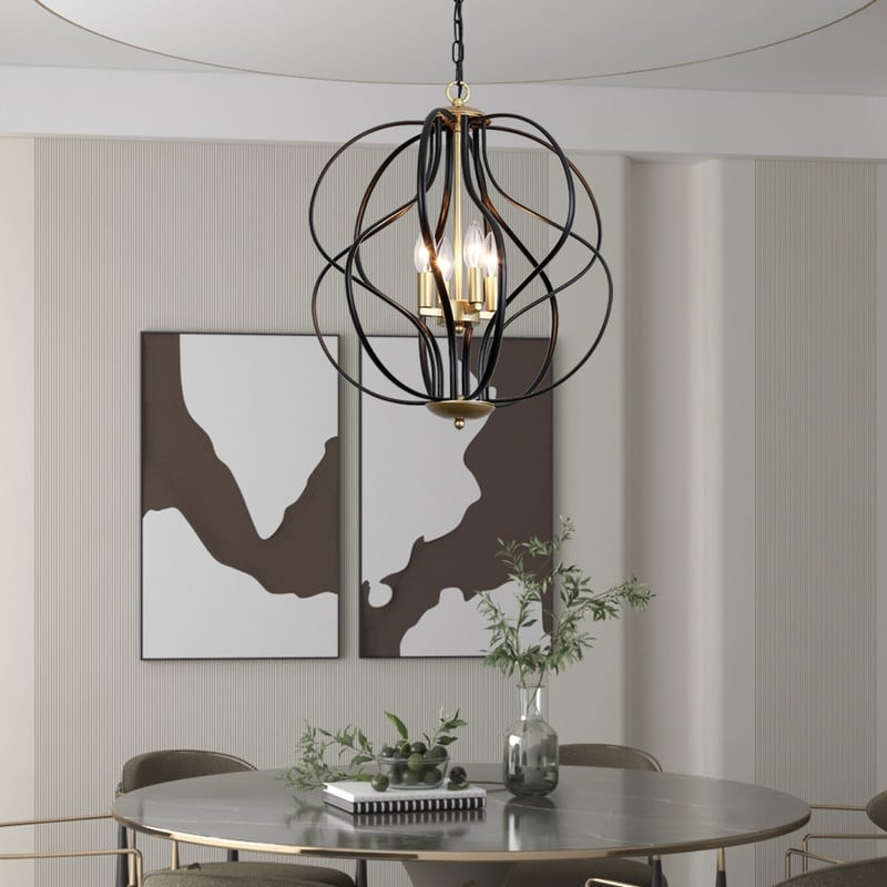 Lustre géométrique unique Maxax à 4 lumières avec accents en fer forgé - 17,7 x 17,3 x 17,3