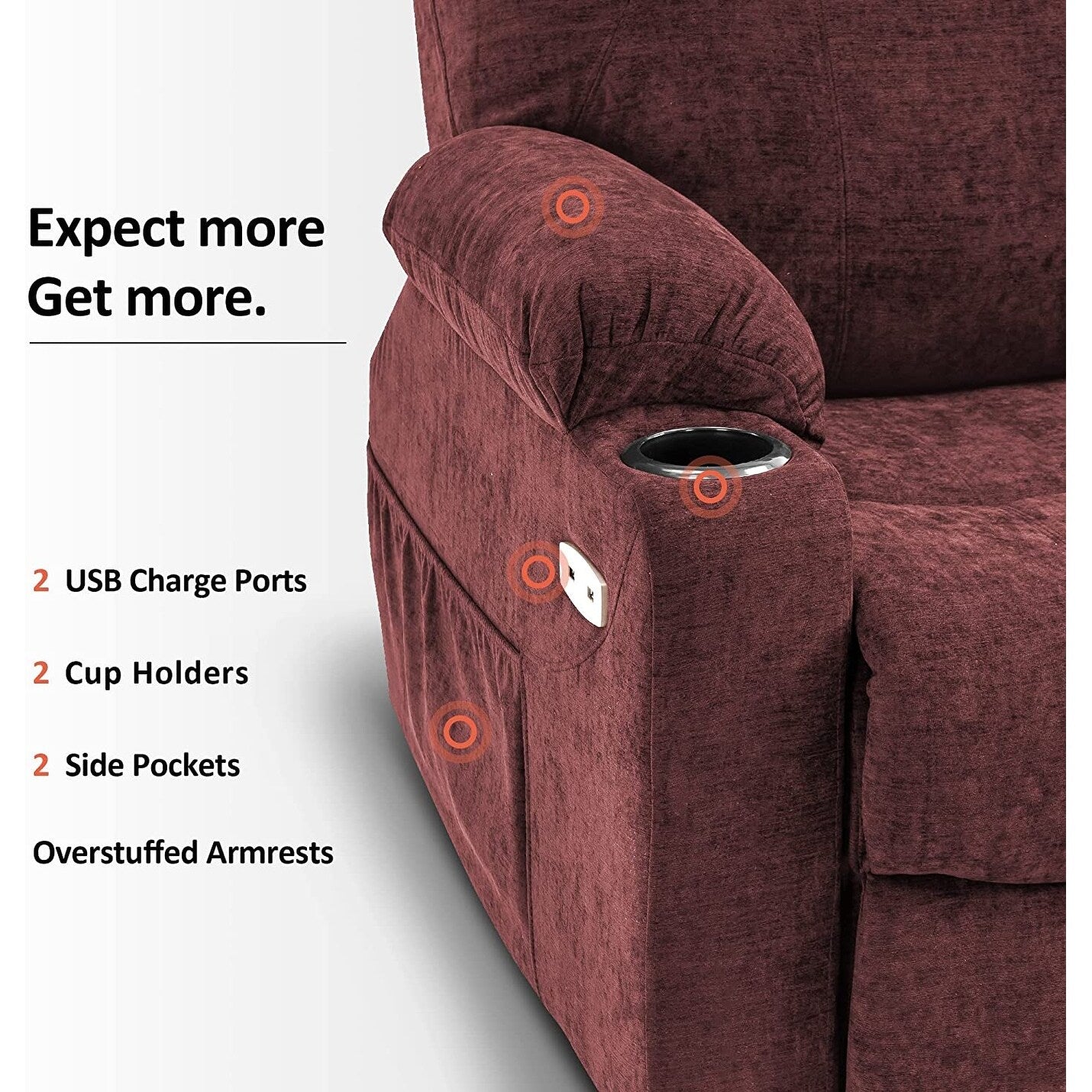 Fauteuil inclinable électrique MCombo avec massage et chauffage, 3 positions, ports USB, tissu 7040