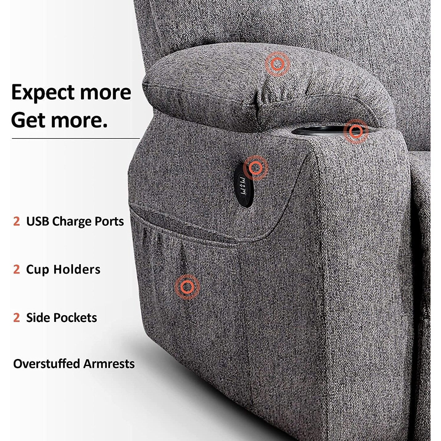 Fauteuil inclinable électrique MCombo avec massage et chauffage, 3 positions, ports USB, tissu 7040