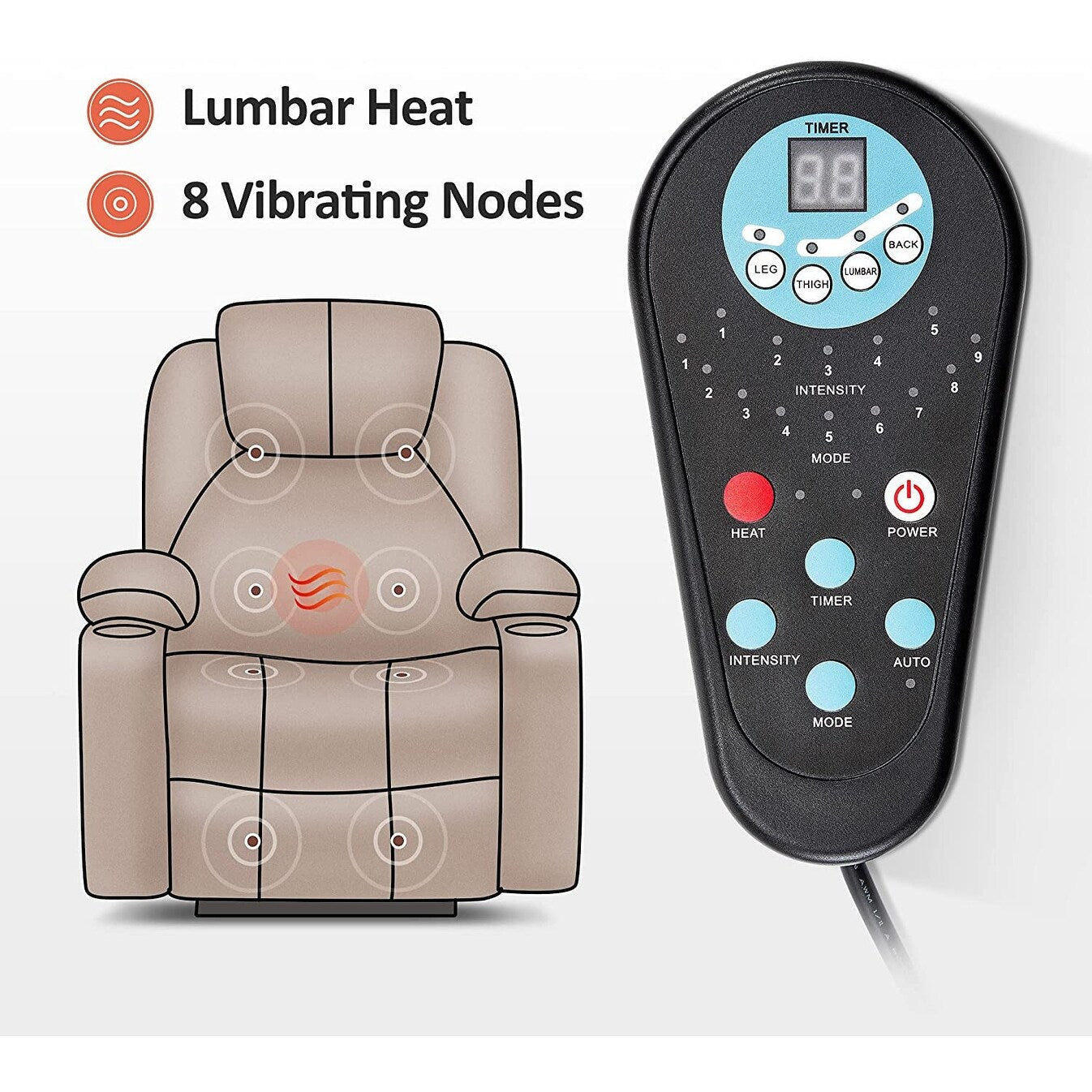 Fauteuil inclinable électrique MCombo avec massage et chauffage, 3 positions, ports USB, tissu 7040