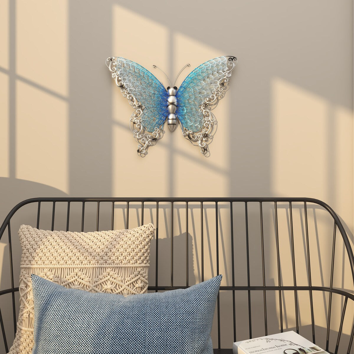 Papillon en métal pour décoration murale d'intérieur ou d'extérieur - Argent, vert, rose - Roche River Decor
