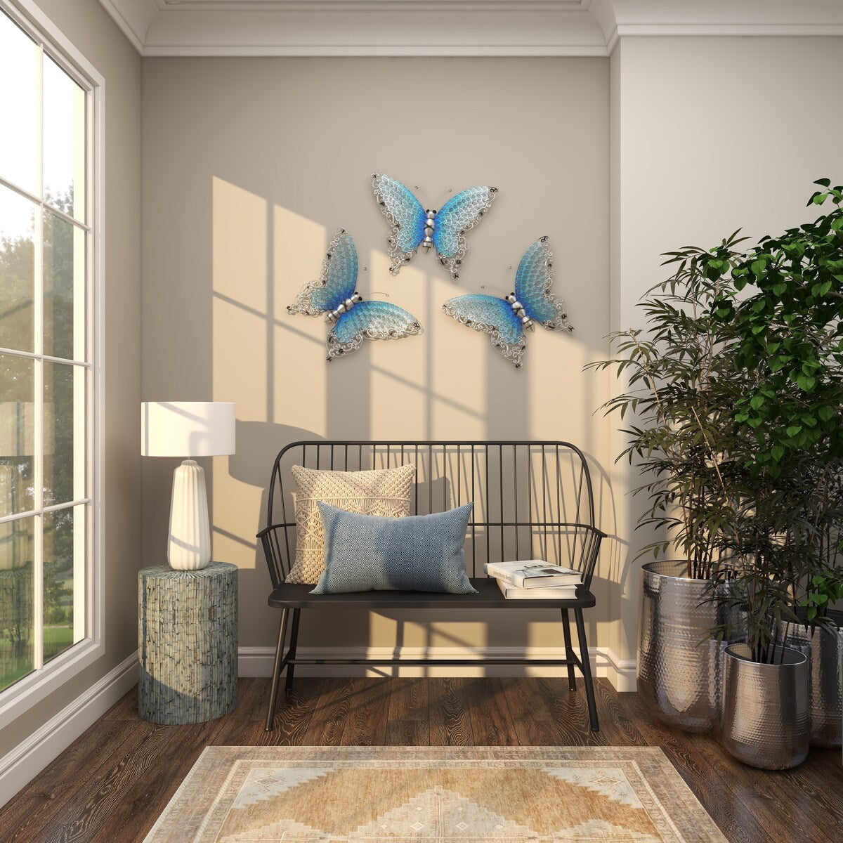 Papillon en métal pour décoration murale d'intérieur ou d'extérieur - Argent, vert, rose - Roche River Decor