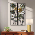 Décoration murale en métal vert, blanc et or avec fleurs sauvages (lot de 2)