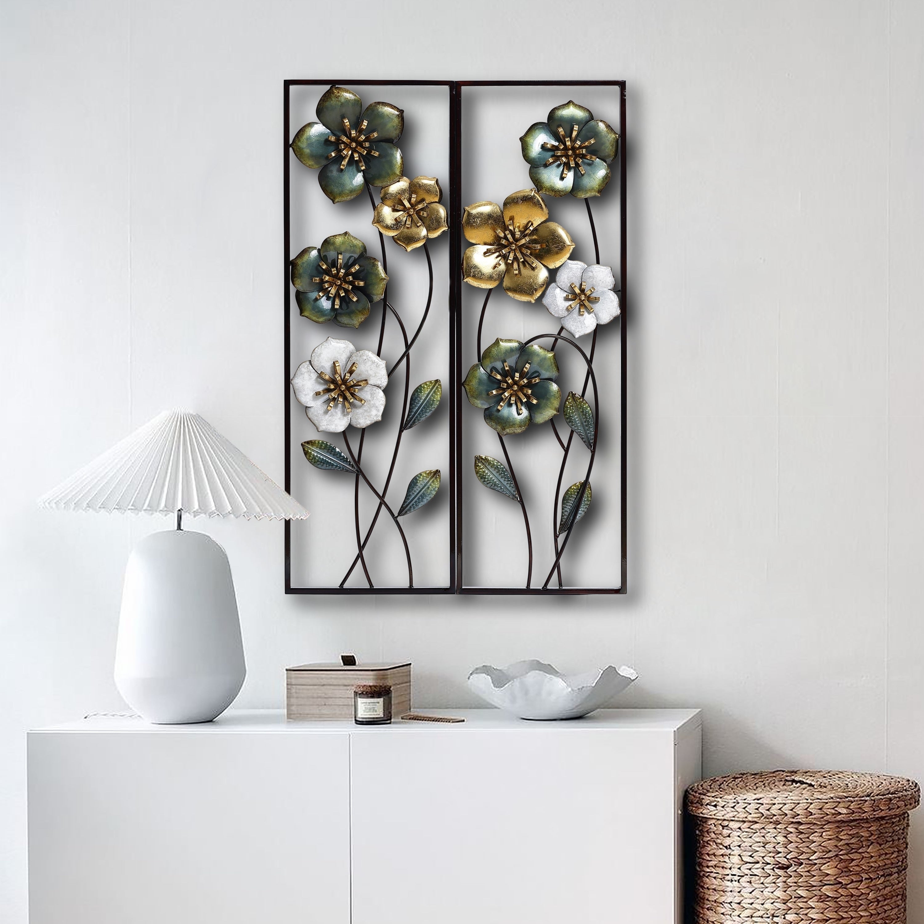 Décoration murale en métal vert, blanc et or avec fleurs sauvages (lot de 2)