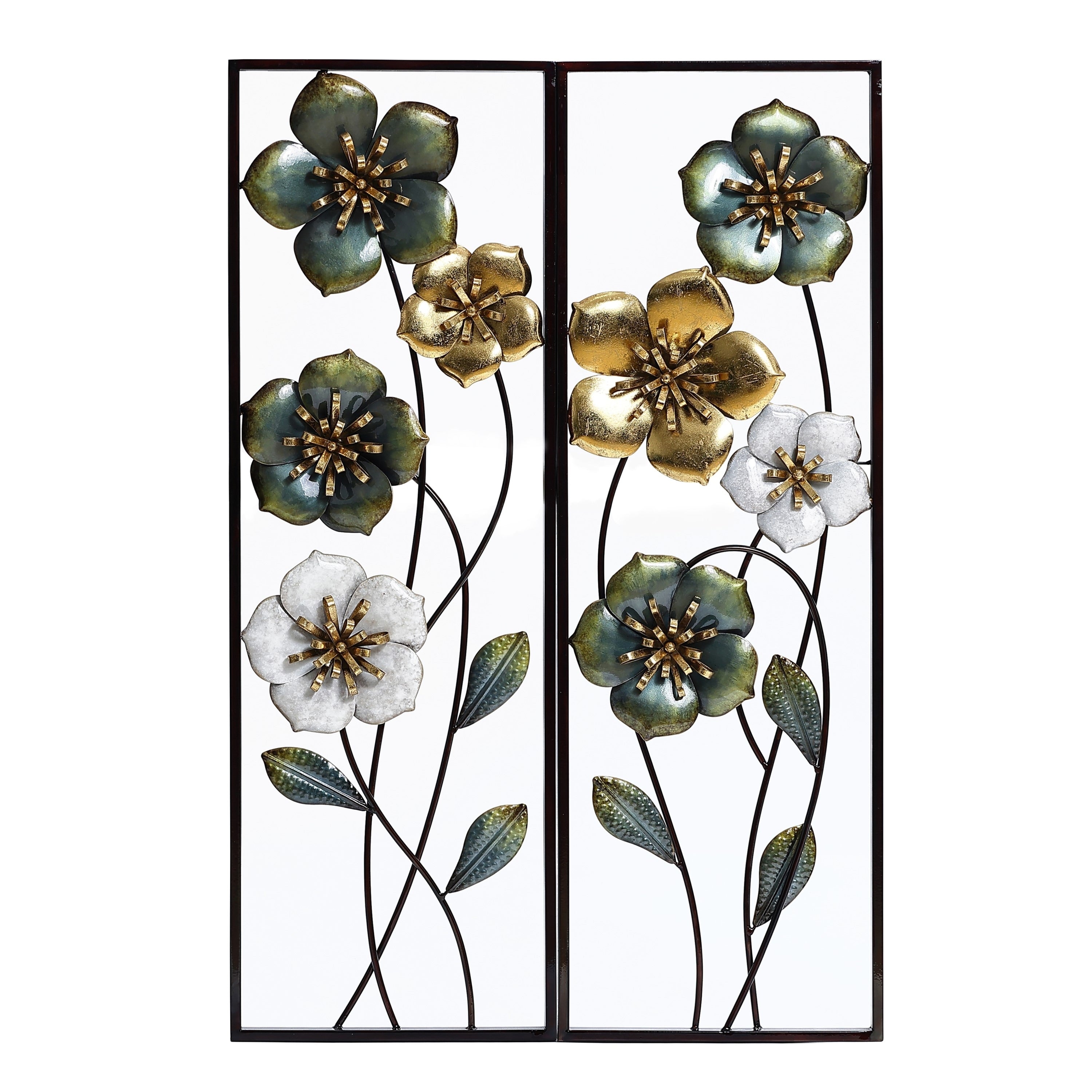 Décoration murale en métal vert, blanc et or avec fleurs sauvages (lot de 2)
