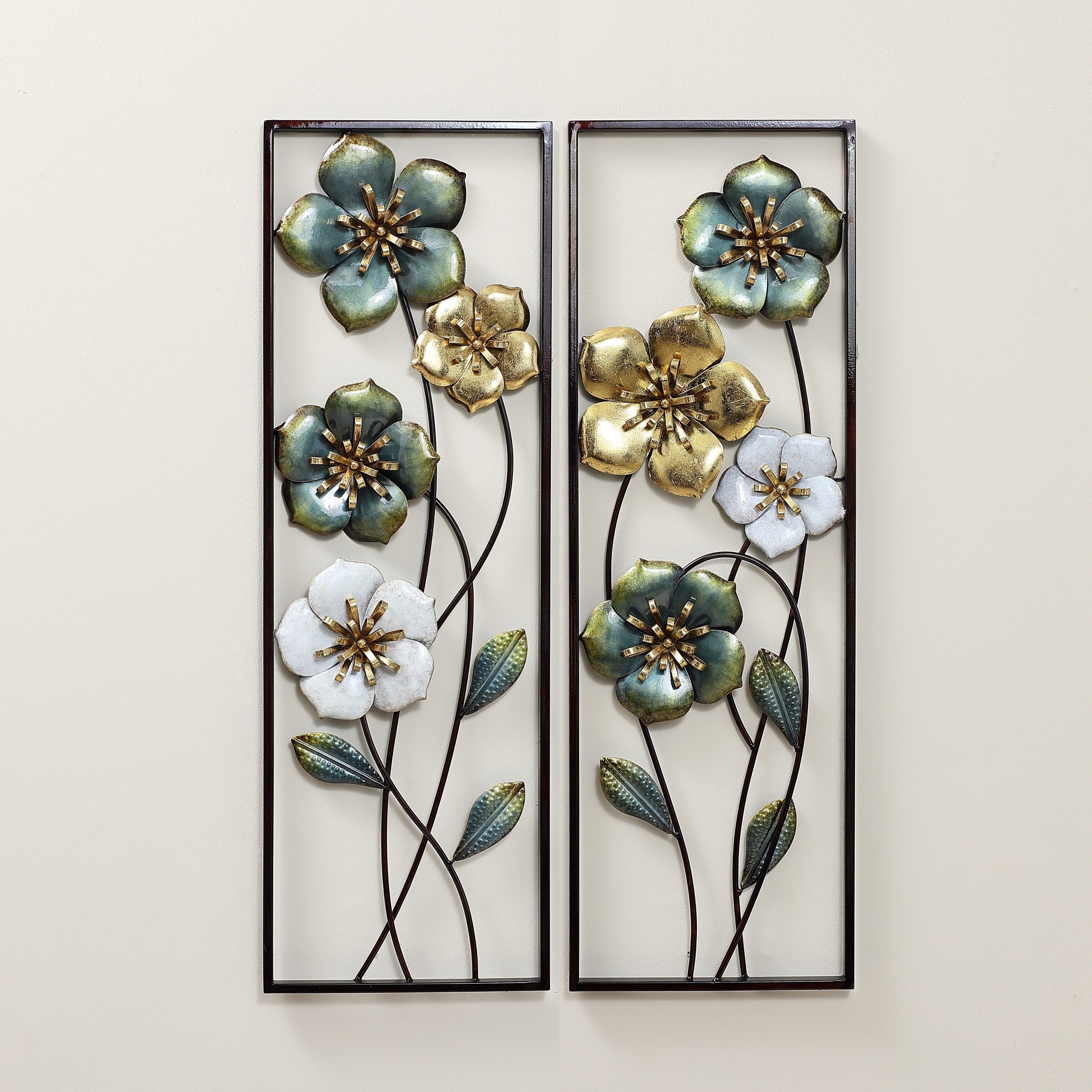 Décoration murale en métal vert, blanc et or avec fleurs sauvages (lot de 2)