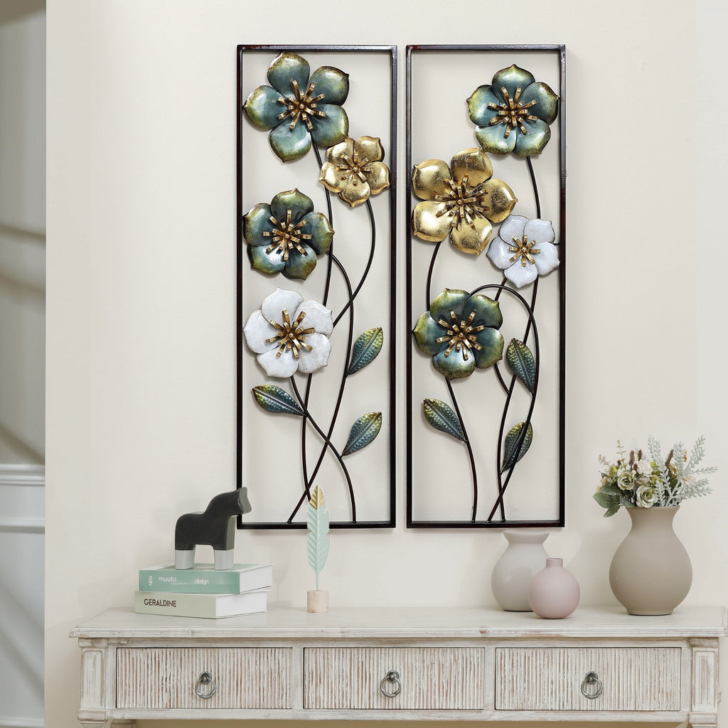 Décoration murale en métal vert, blanc et or avec fleurs sauvages (lot de 2)