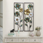 Décoration murale en métal vert, blanc et or avec fleurs sauvages (lot de 2)