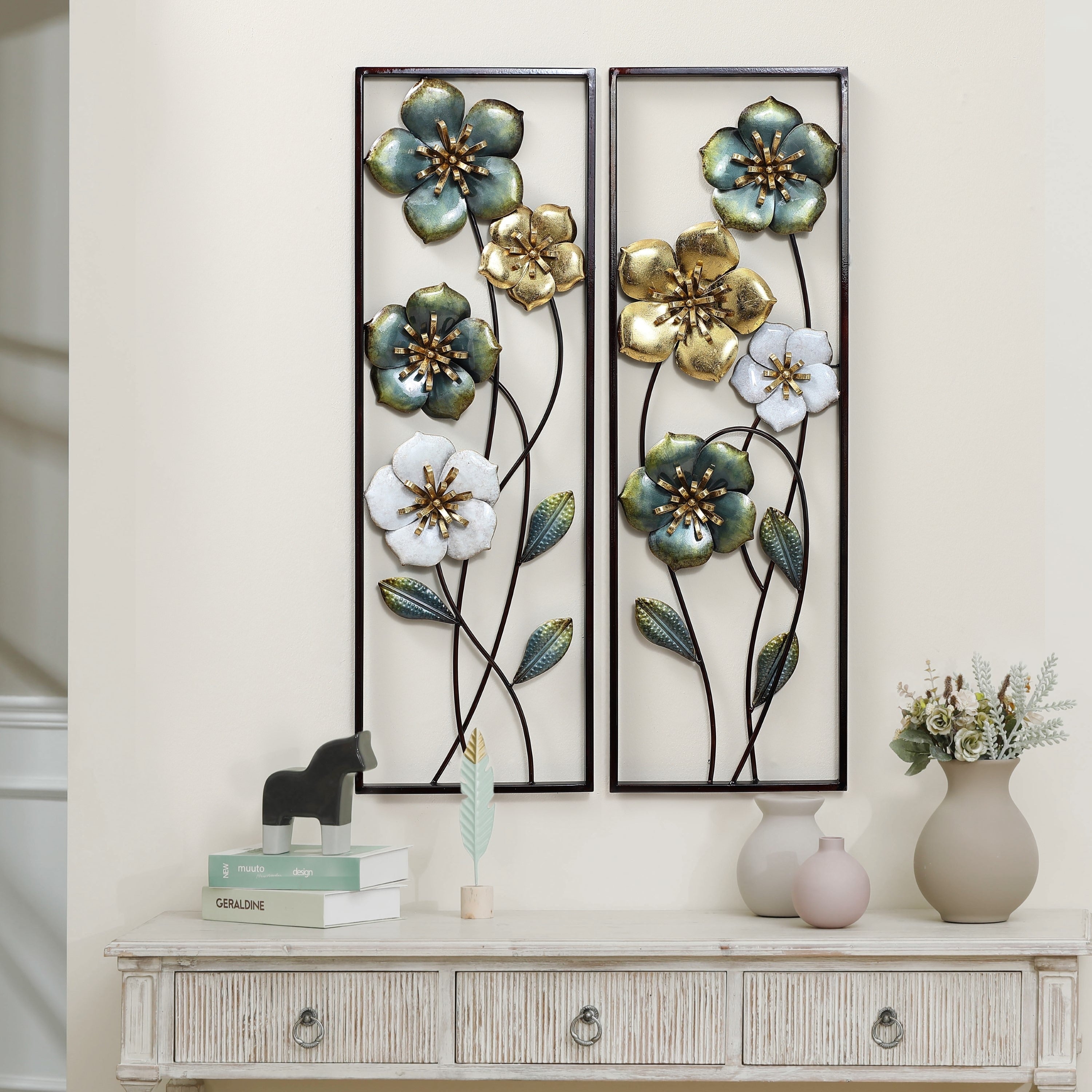 Décoration murale en métal vert, blanc et or avec fleurs sauvages (lot de 2)