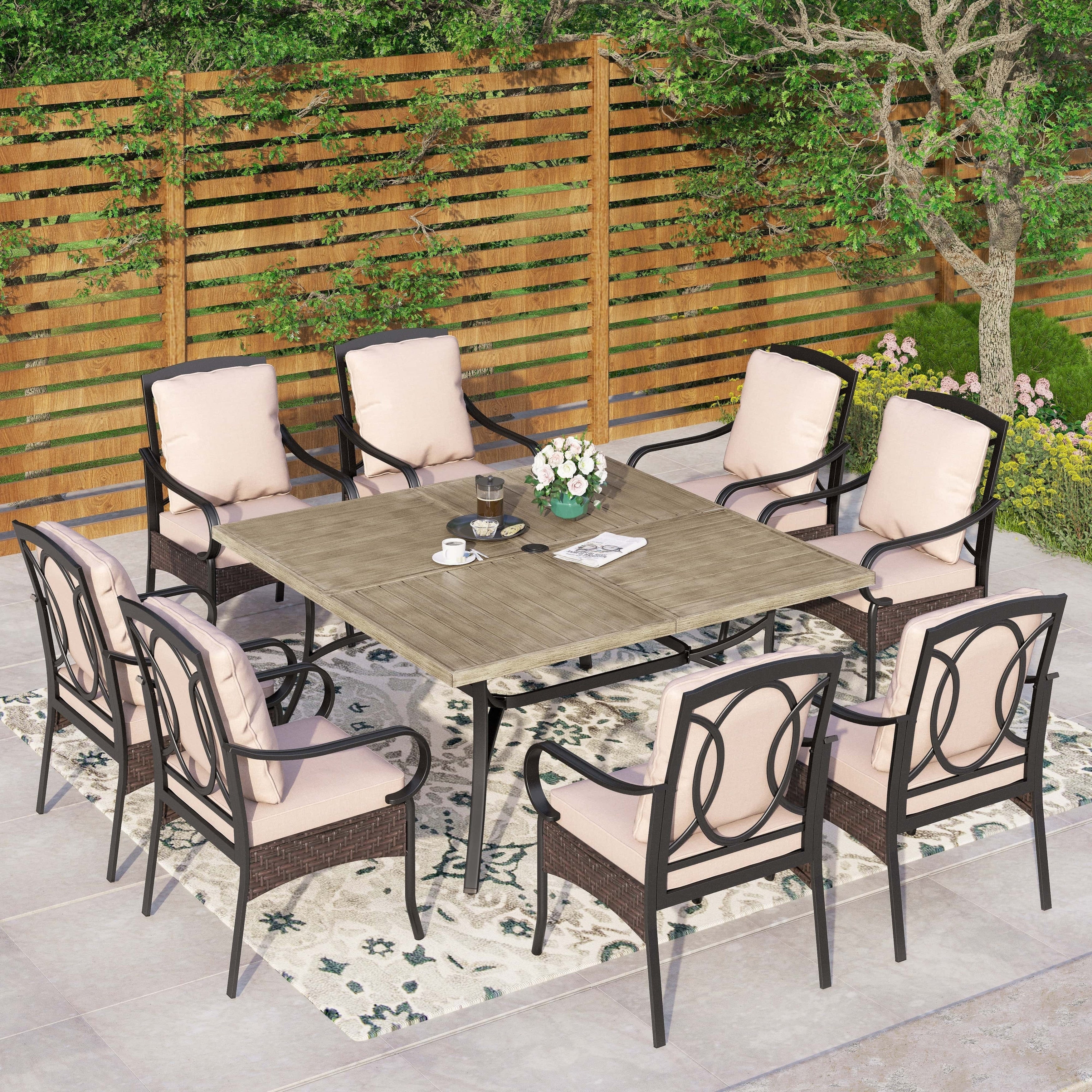 Ensemble de salle à manger d'extérieur en métal pour 8 personnes avec table carrée et chaises fixes et pivotantes rembourrées robustes, ensemble de meubles de patio (beige)
