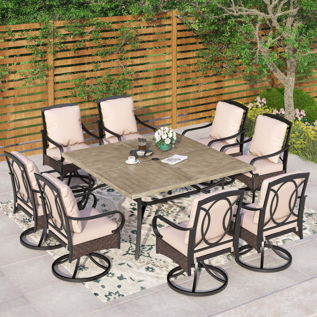 Ensemble de salle à manger d'extérieur en métal pour 8 personnes avec table carrée et chaises fixes et pivotantes rembourrées robustes, ensemble de meubles de patio (beige)