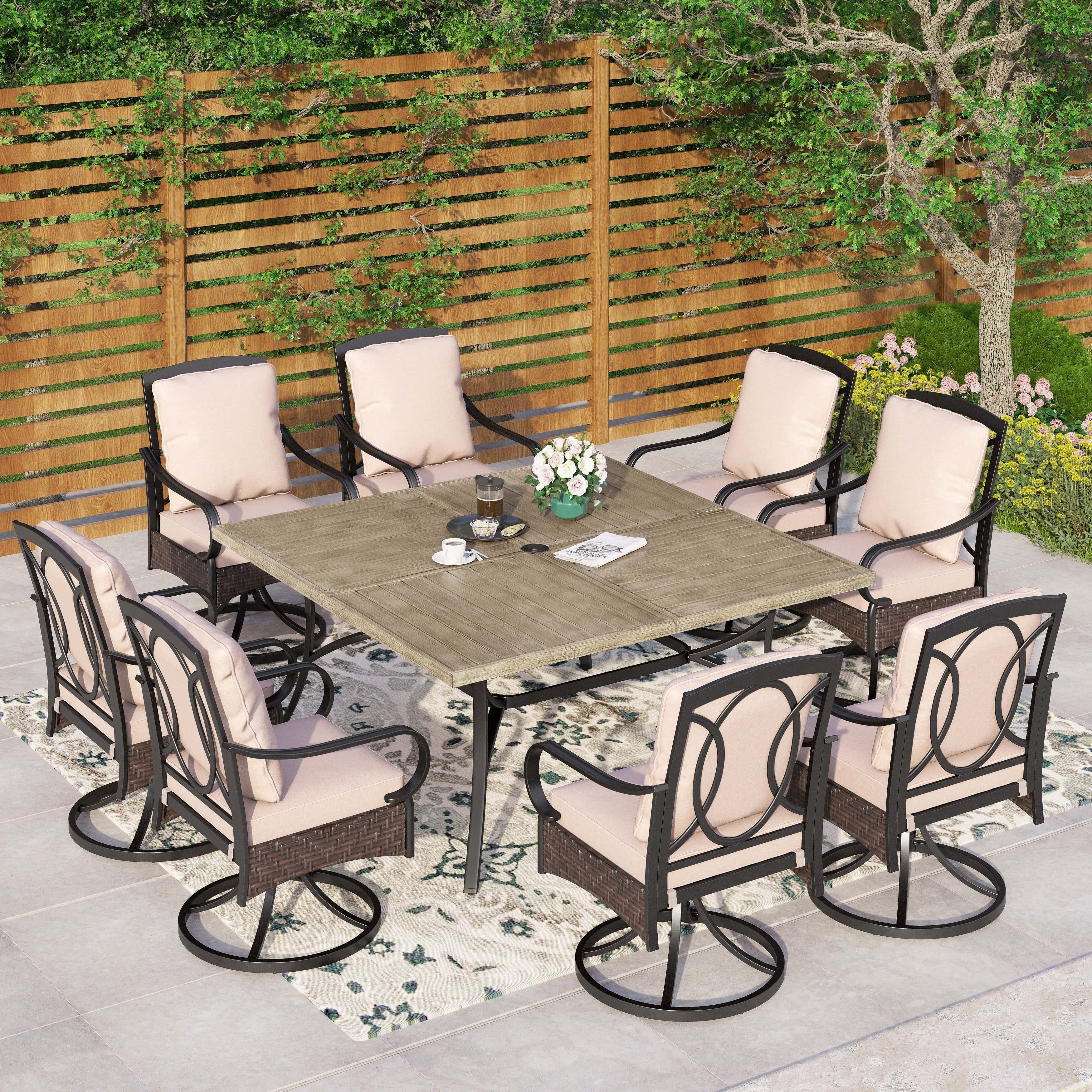 Ensemble de salle à manger d'extérieur en métal pour 8 personnes avec table carrée et chaises fixes et pivotantes rembourrées robustes, ensemble de meubles de patio (beige)