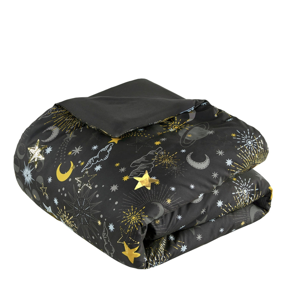 Parure de lit métallique avec coussin décoratif et motif ciel étoilé Ariella pour enfants au design intelligent