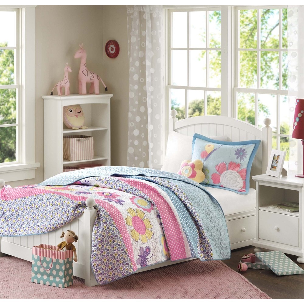 Parure de lit réversible avec coussin décoratif et motif papillons en fleurs pour enfants au design intelligent