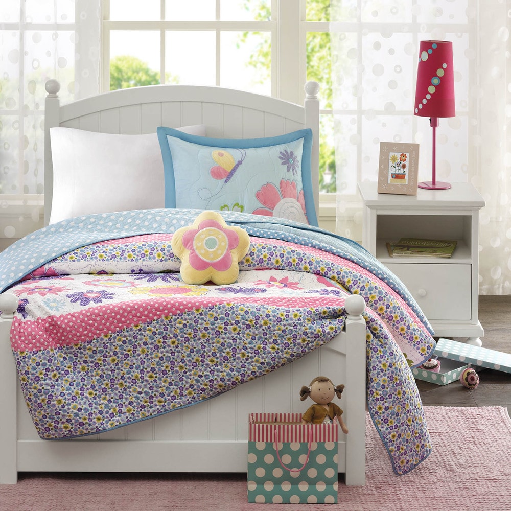 Parure de lit réversible avec coussin décoratif et motif papillons en fleurs pour enfants au design intelligent