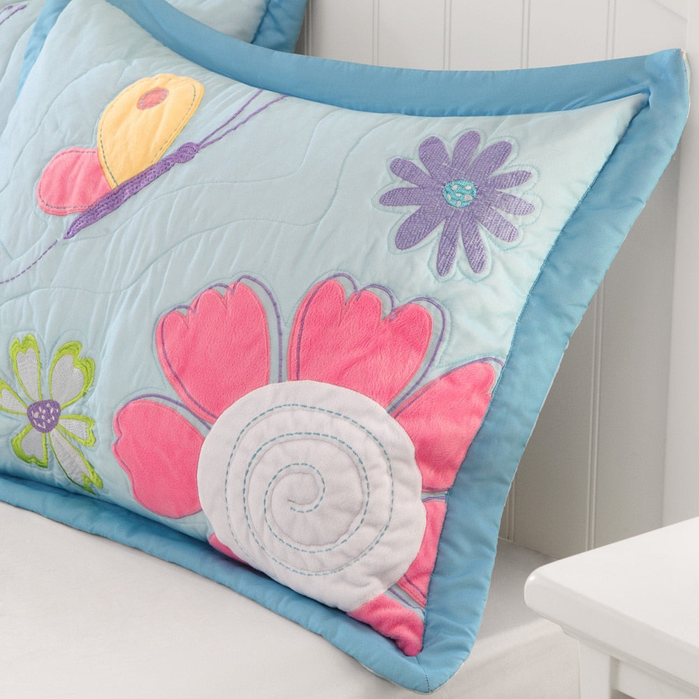 Parure de lit réversible avec coussin décoratif et motif papillons en fleurs pour enfants au design intelligent