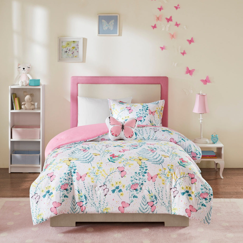 Parure de lit à imprimé papillons rose Caroline pour enfants au design intelligent