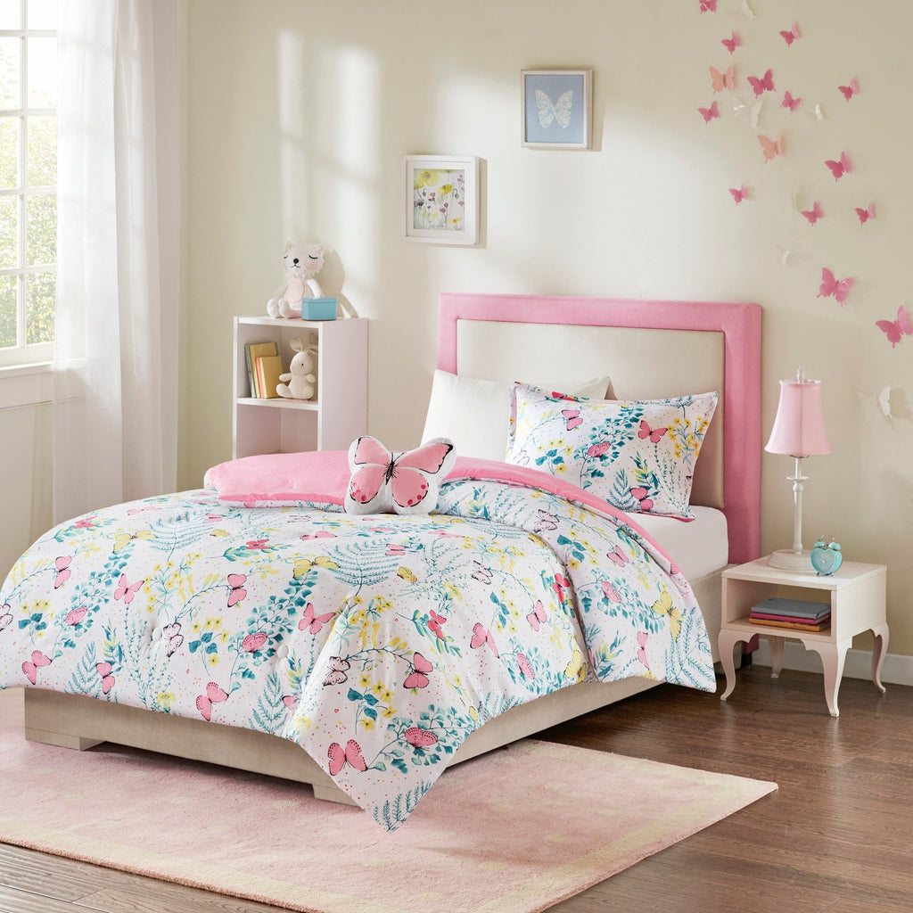 Parure de lit à imprimé papillons rose Caroline pour enfants au design intelligent