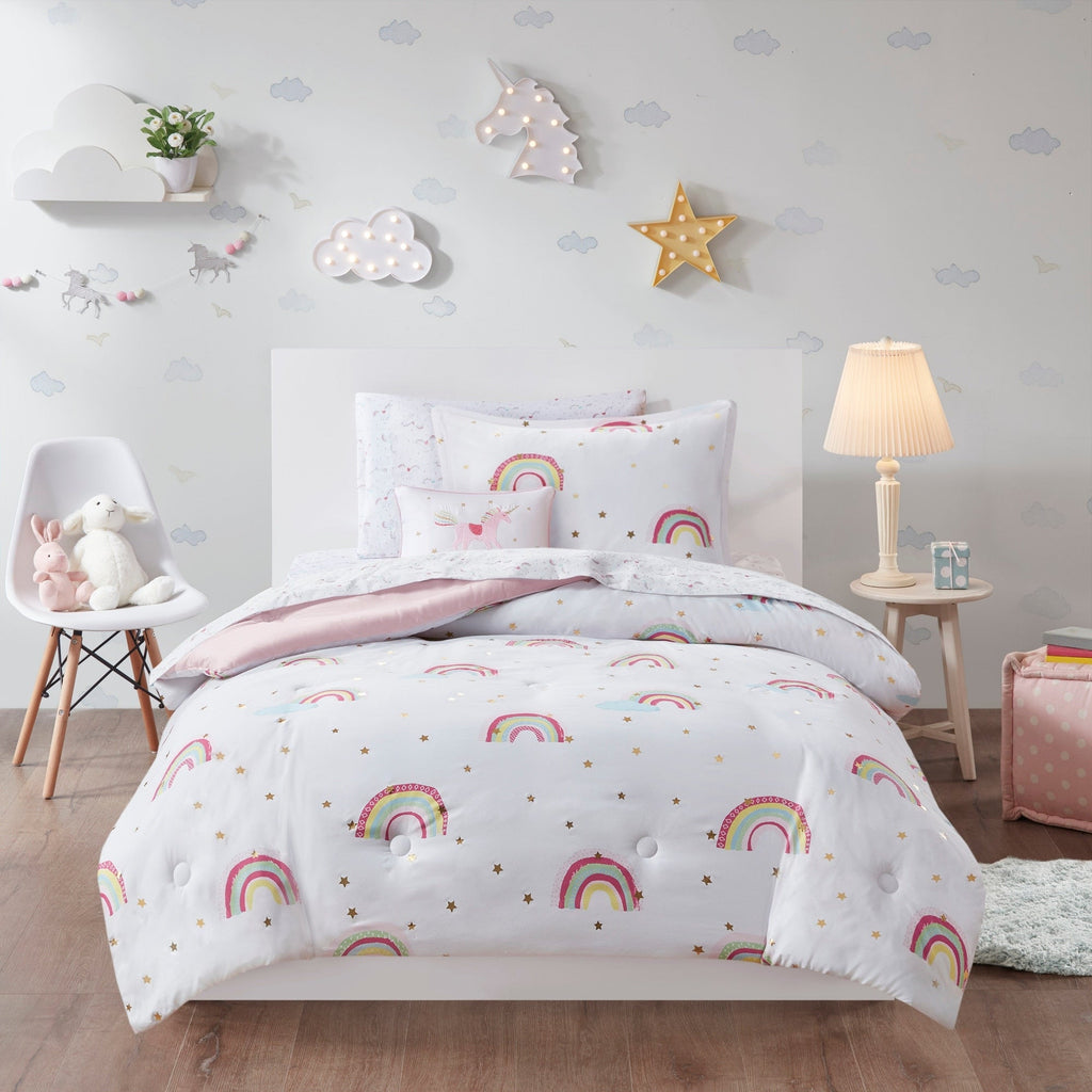 Parure de lit avec draps et housse de couette pour enfants Mia, motif arc-en-ciel et étoiles métalliques, design intelligent