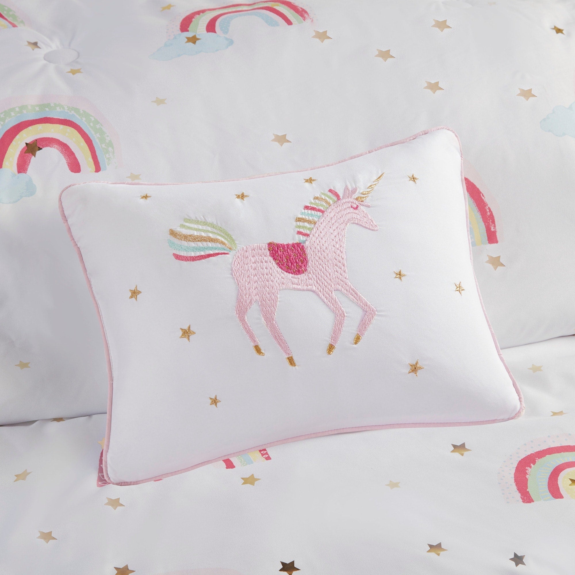Parure de lit avec draps et housse de couette pour enfants Mia, motif arc-en-ciel et étoiles métalliques, design intelligent