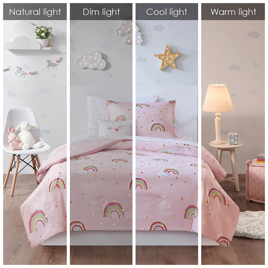 Parure de lit avec draps et housse de couette pour enfants Mia, motif arc-en-ciel et étoiles métalliques, design intelligent