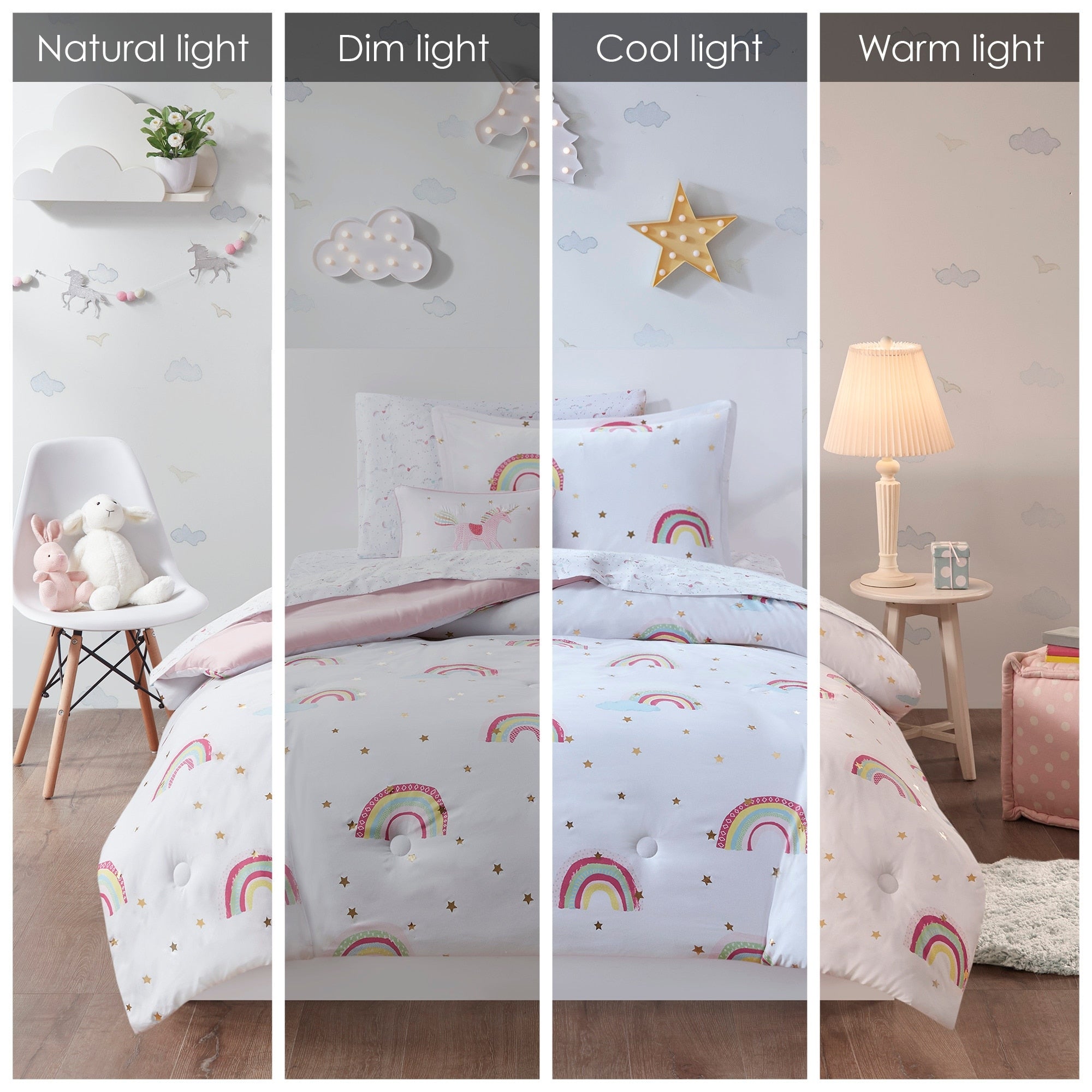 Parure de lit avec draps et housse de couette pour enfants Mia, motif arc-en-ciel et étoiles métalliques, design intelligent
