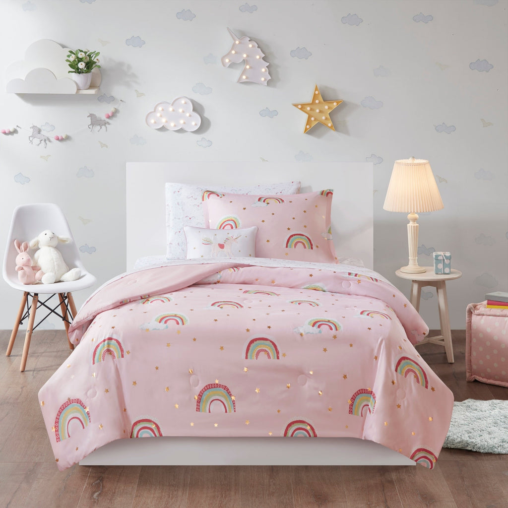 Parure de lit avec draps et housse de couette pour enfants Mia, motif arc-en-ciel et étoiles métalliques, design intelligent