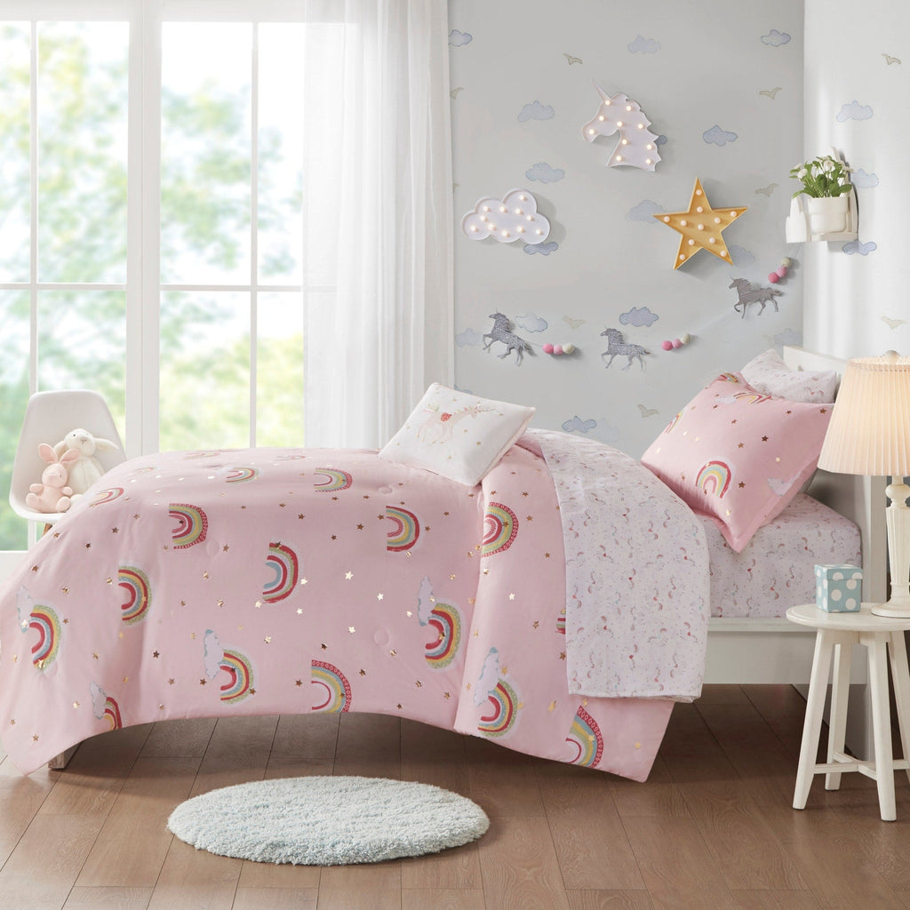 Parure de lit avec draps et housse de couette pour enfants Mia, motif arc-en-ciel et étoiles métalliques, design intelligent