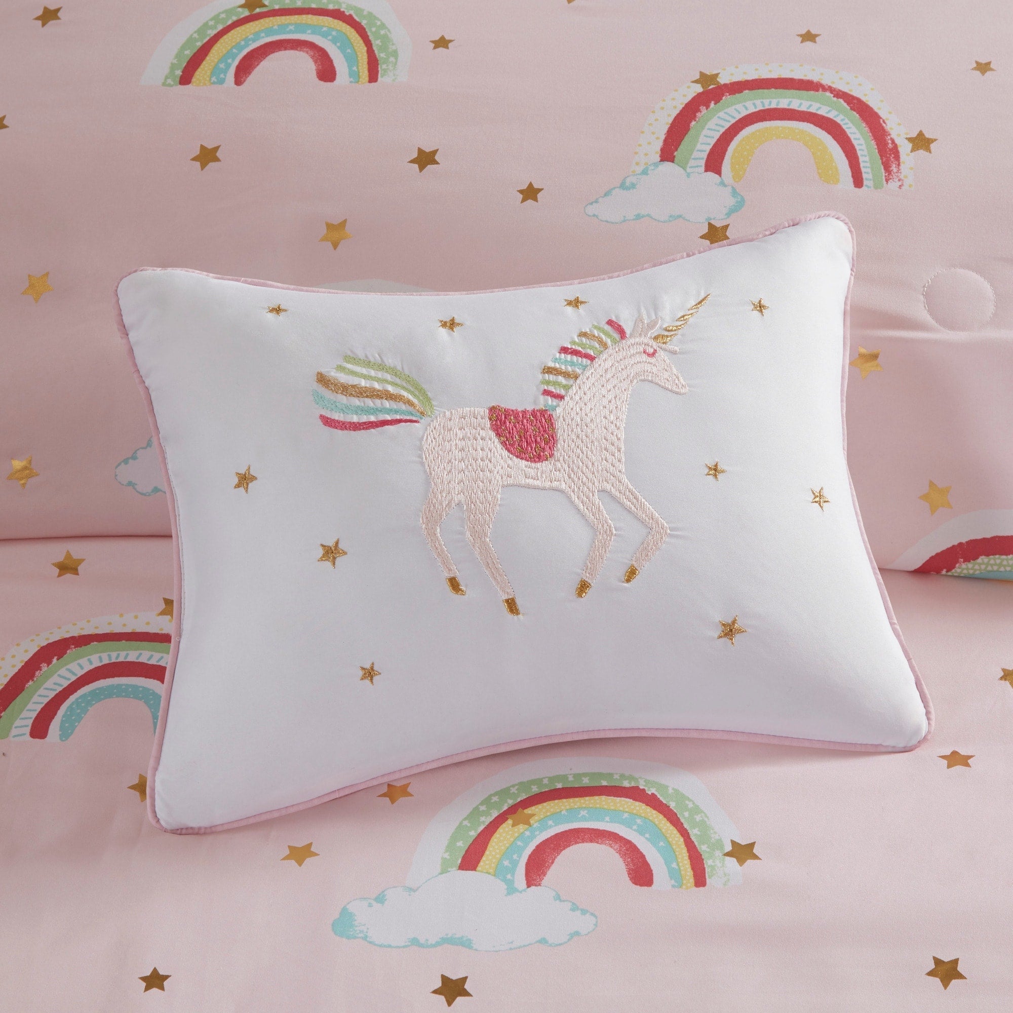 Parure de lit avec draps et housse de couette pour enfants Mia, motif arc-en-ciel et étoiles métalliques, design intelligent
