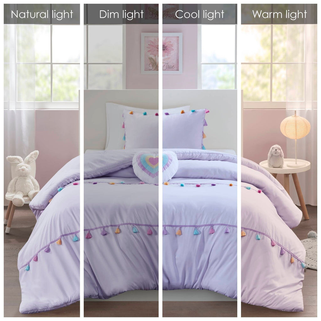 Parure de lit Tanya à pompons et coussin en forme de cœur pour enfants au design intelligent