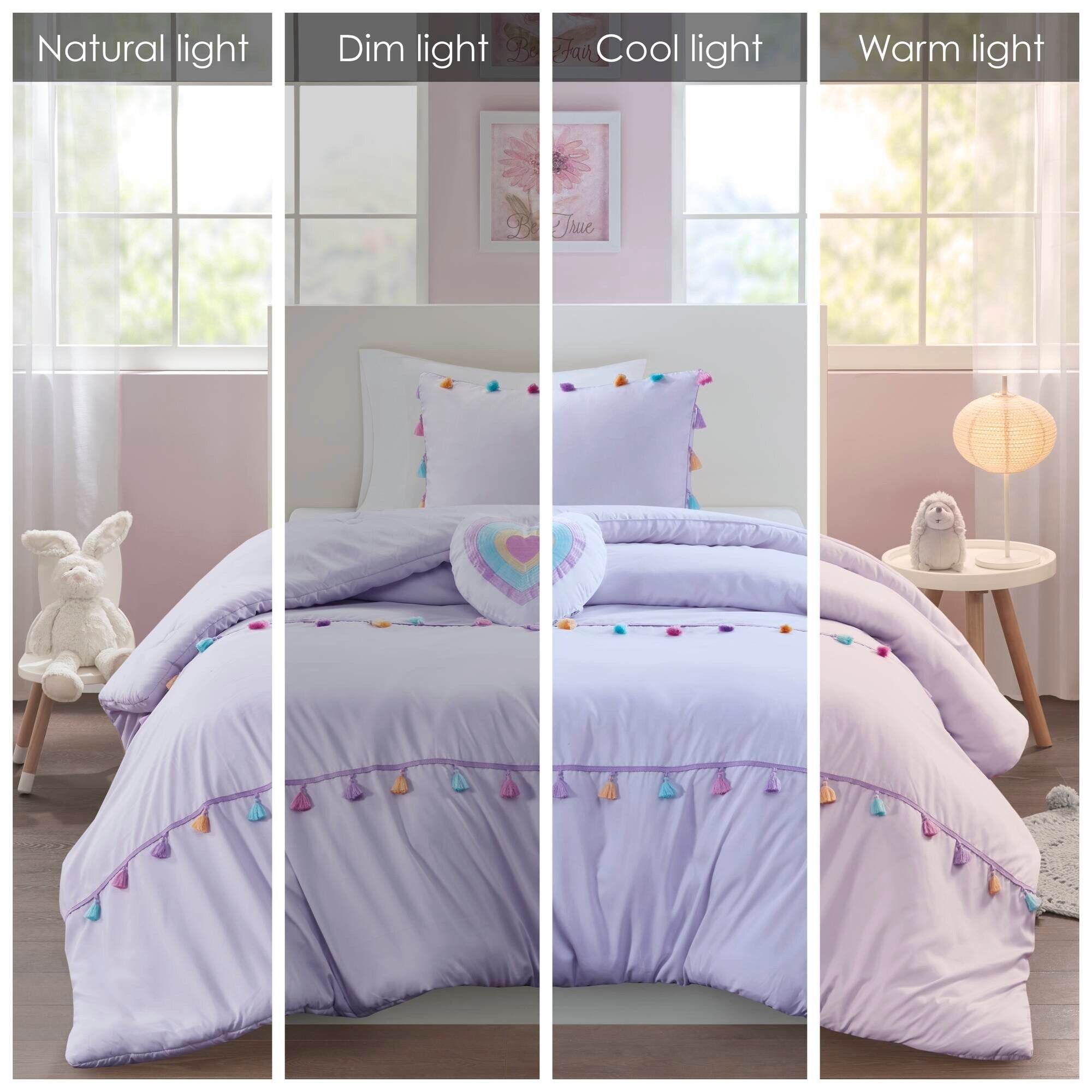 Parure de lit Tanya à pompons et coussin en forme de cœur pour enfants au design intelligent