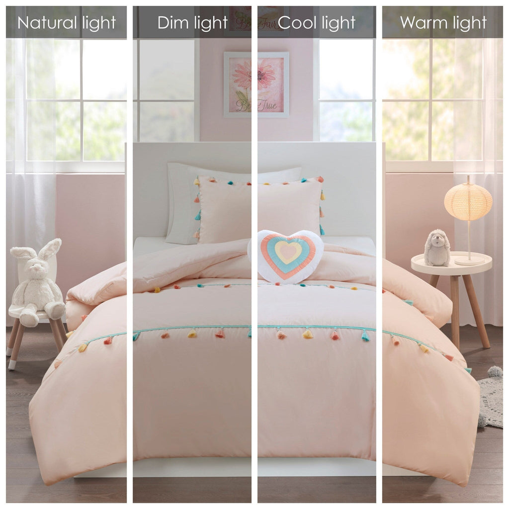 Parure de lit Tanya à pompons et coussin en forme de cœur pour enfants au design intelligent