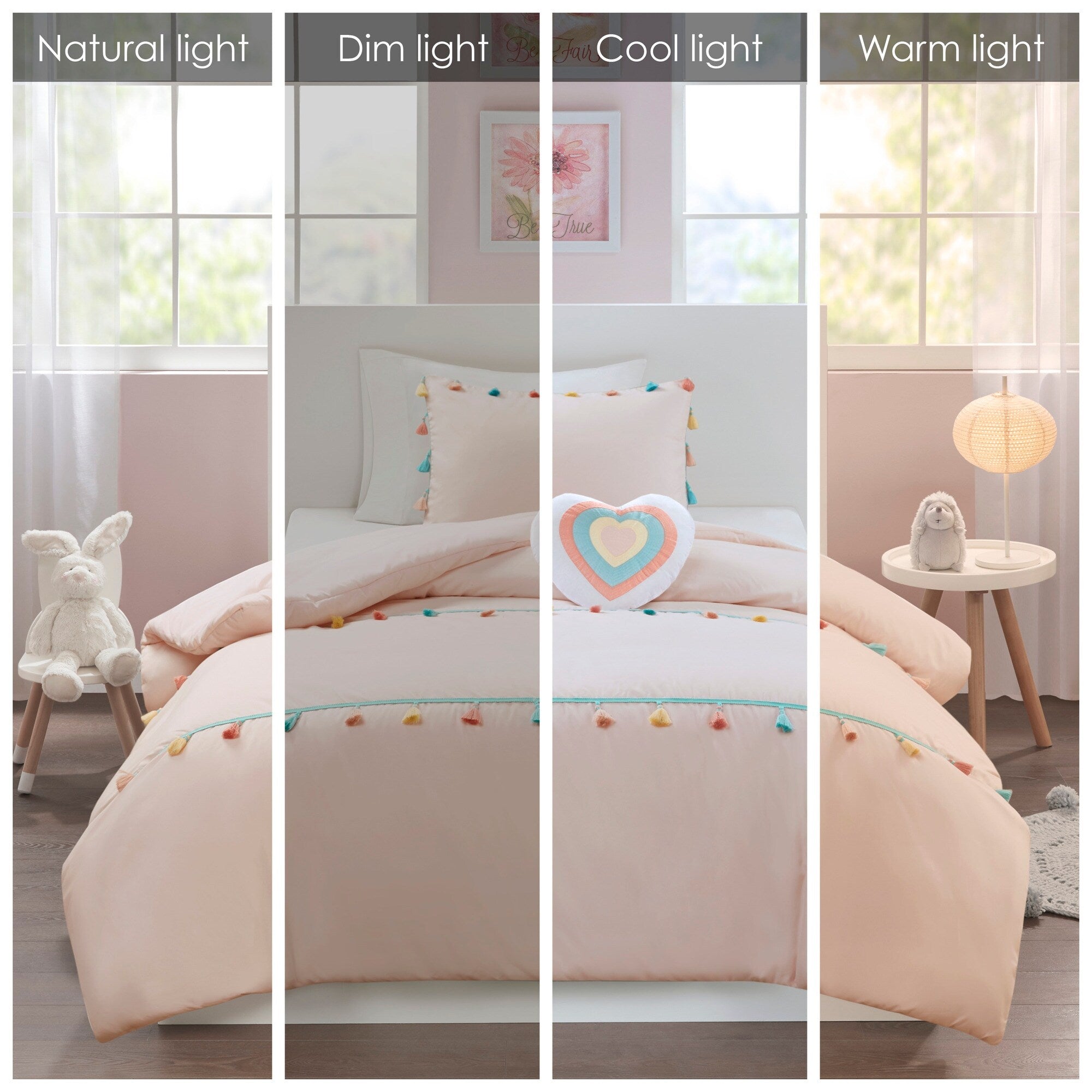 Parure de lit Tanya à pompons et coussin en forme de cœur pour enfants au design intelligent