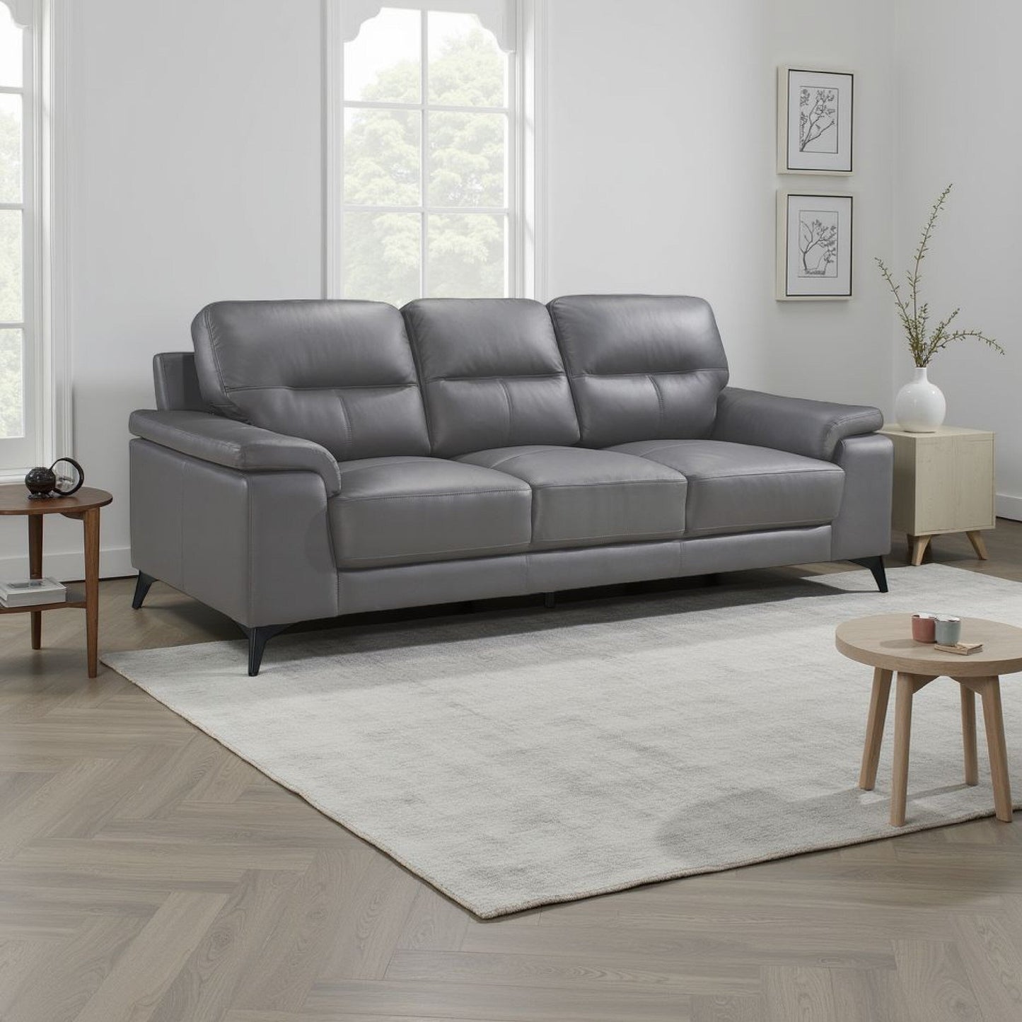 Canapé Mica, coussins en mousse de cuir pleine fleur gris foncé, 89 pouces