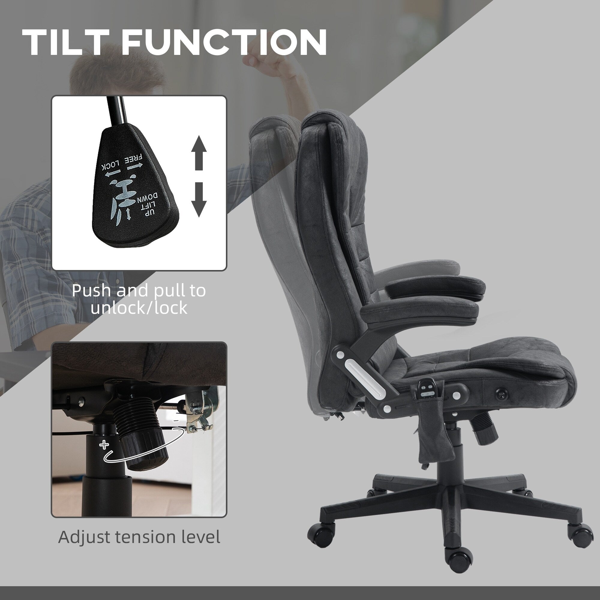 Fauteuil de bureau massant en microfibre avec chauffage, vibration à 6 points, dossier inclinable réglable, accoudoirs rembourrés, télécommande