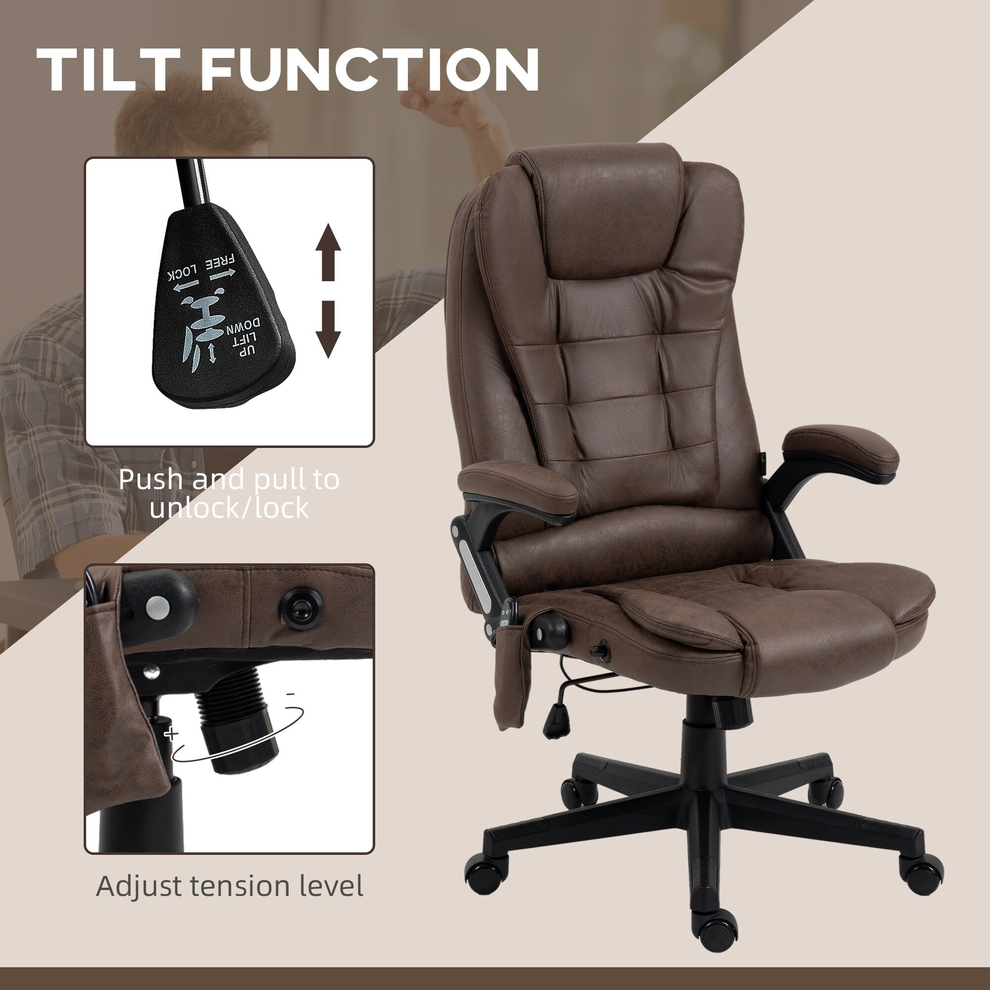 Fauteuil de bureau massant en microfibre avec chauffage, vibration à 6 points, dossier inclinable réglable, accoudoirs rembourrés, télécommande