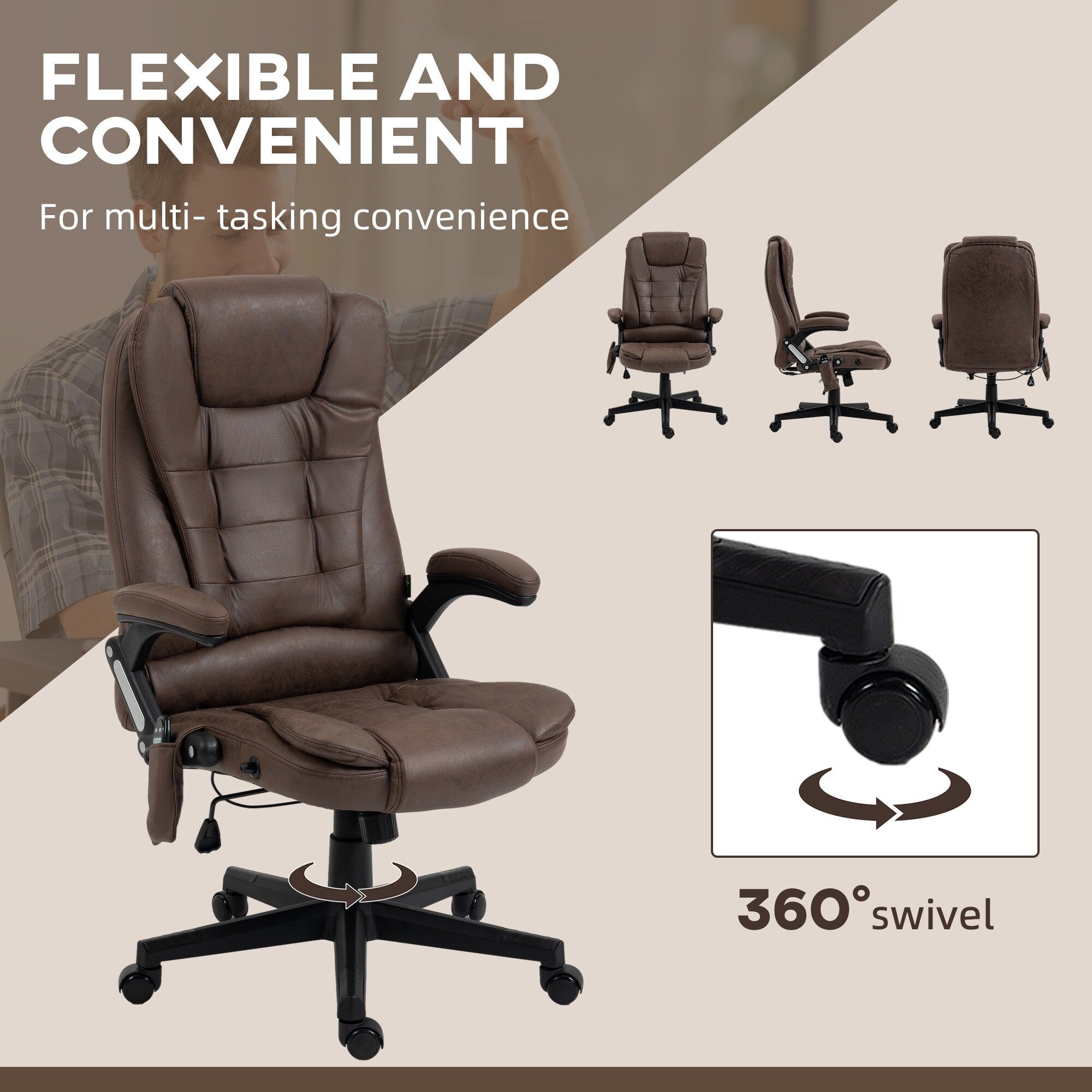 Fauteuil de bureau massant en microfibre avec chauffage, vibration à 6 points, dossier inclinable réglable, accoudoirs rembourrés, télécommande