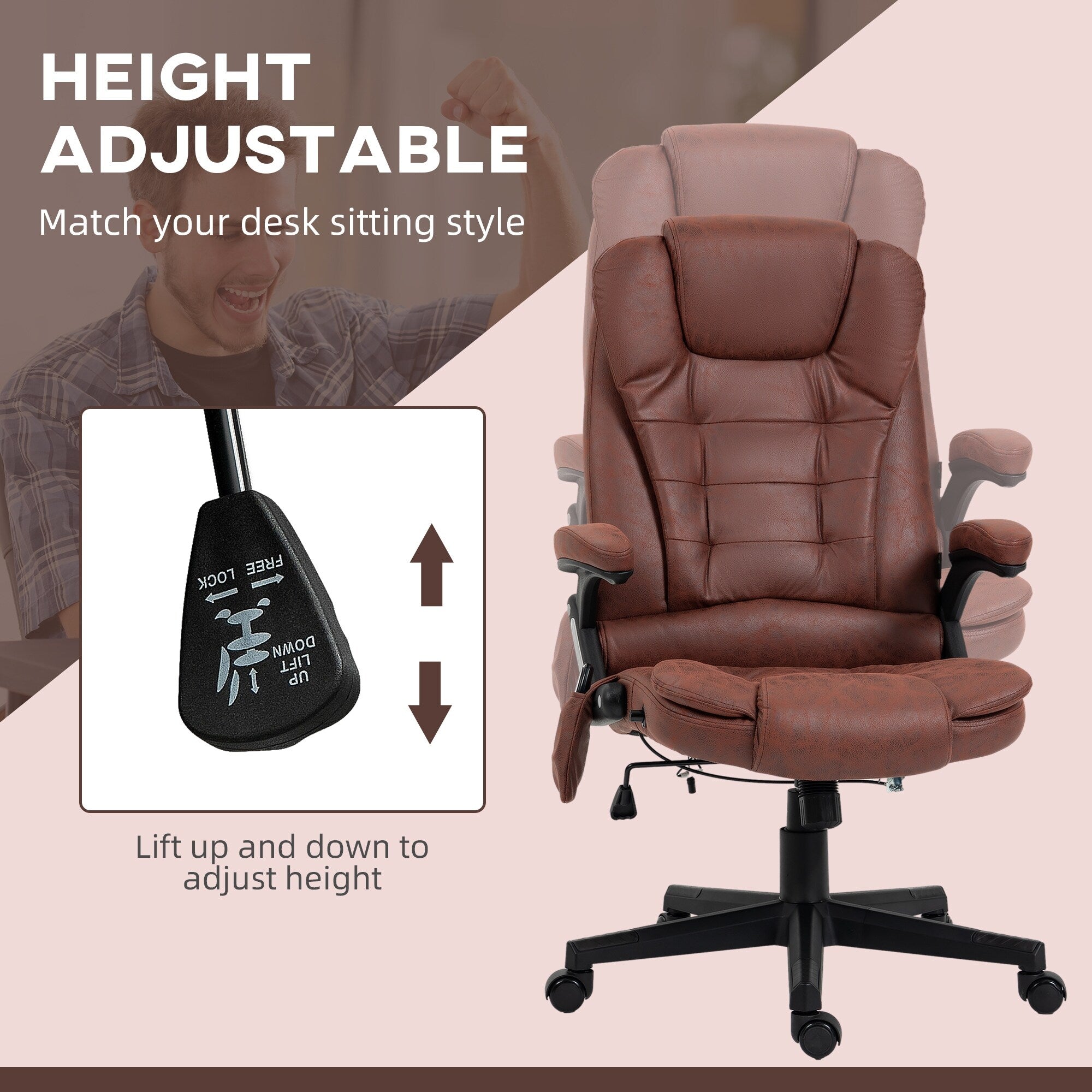 Fauteuil de bureau massant en microfibre avec chauffage, vibration à 6 points, dossier inclinable réglable, accoudoirs rembourrés, télécommande
