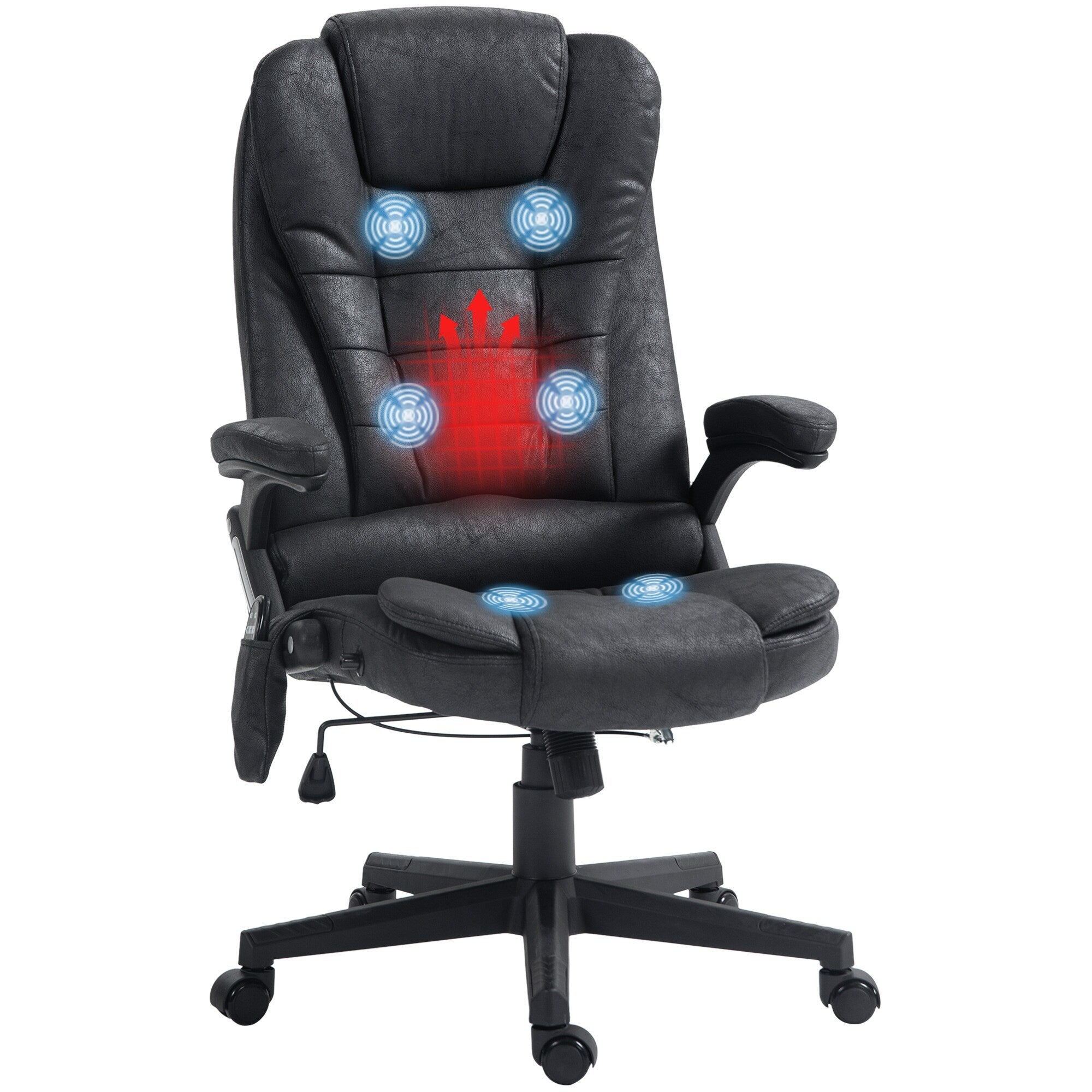 Fauteuil de bureau massant en microfibre avec chauffage, vibration à 6 points, dossier inclinable réglable, accoudoirs rembourrés, télécommande
