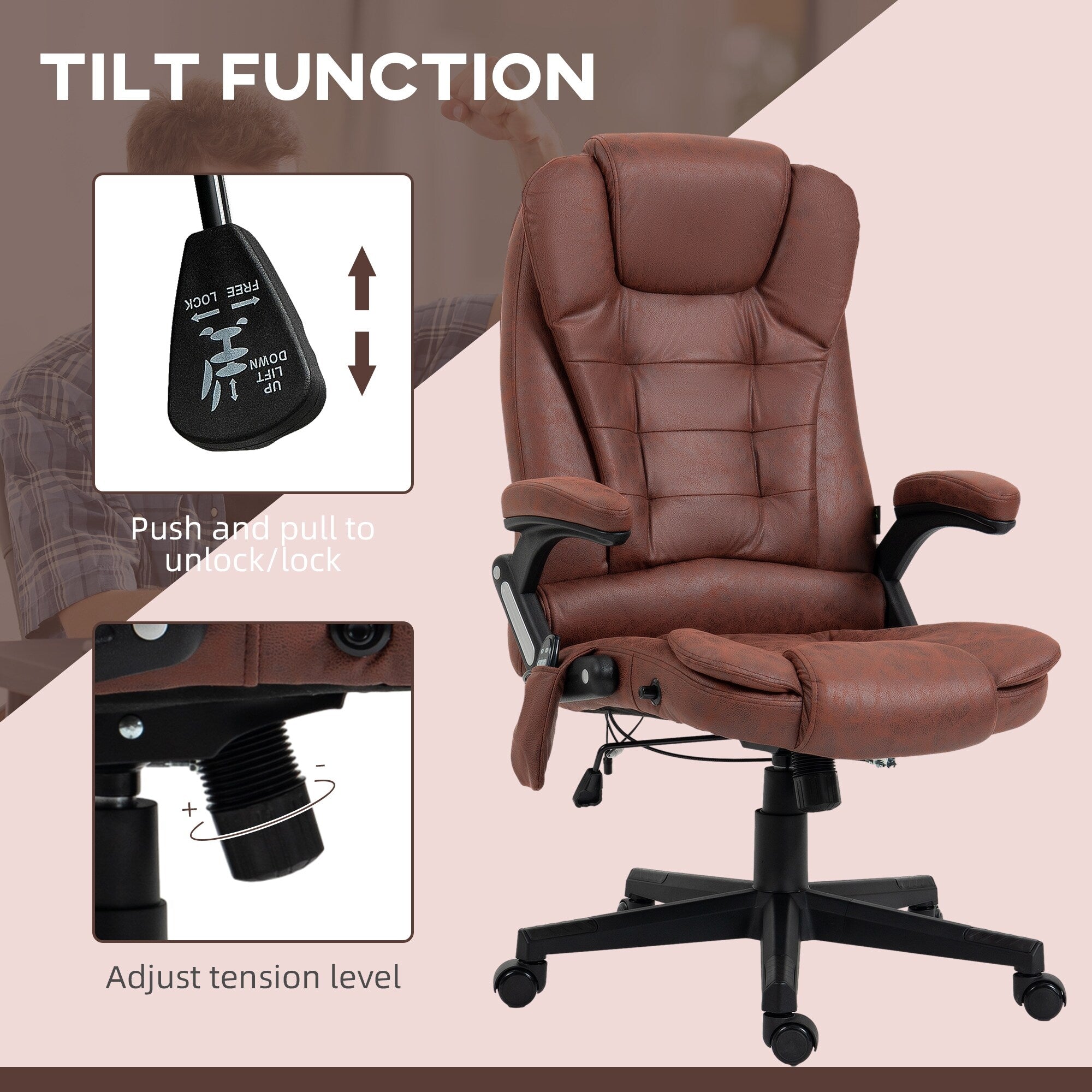Fauteuil de bureau massant en microfibre avec chauffage, vibration à 6 points, dossier inclinable réglable, accoudoirs rembourrés, télécommande