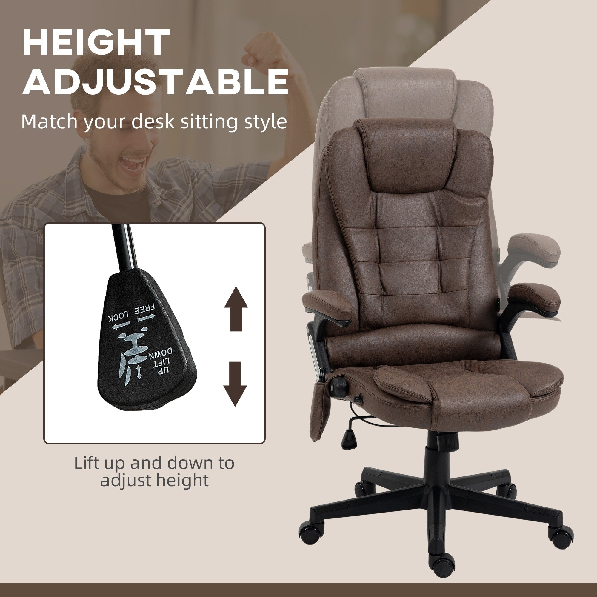 Fauteuil de bureau massant en microfibre avec chauffage, vibration à 6 points, dossier inclinable réglable, accoudoirs rembourrés, télécommande