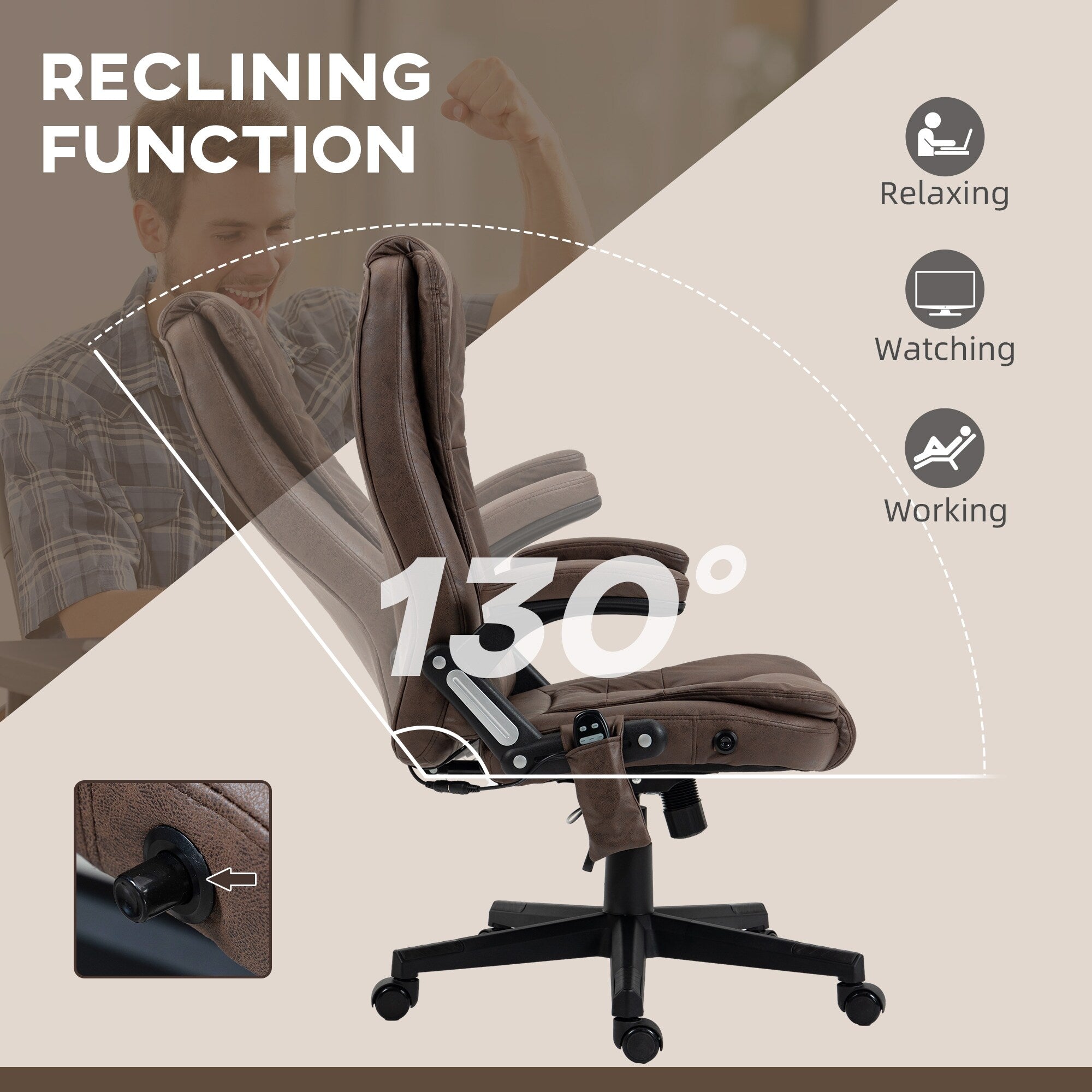 Fauteuil de bureau massant en microfibre avec chauffage, vibration à 6 points, dossier inclinable réglable, accoudoirs rembourrés, télécommande