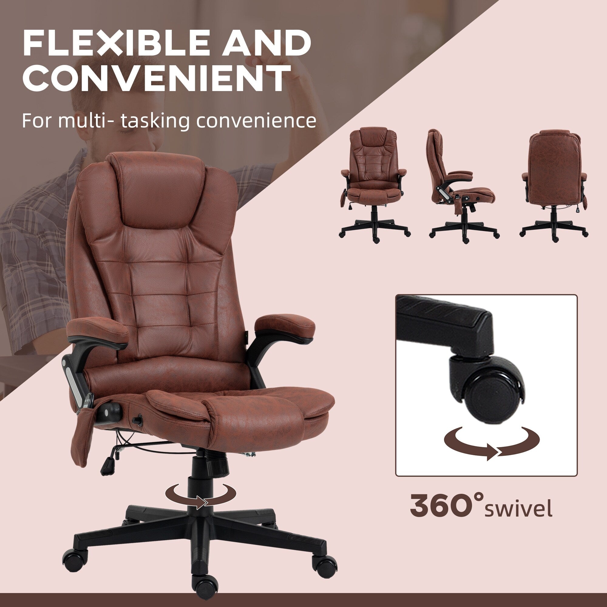 Fauteuil de bureau massant en microfibre avec chauffage, vibration à 6 points, dossier inclinable réglable, accoudoirs rembourrés, télécommande