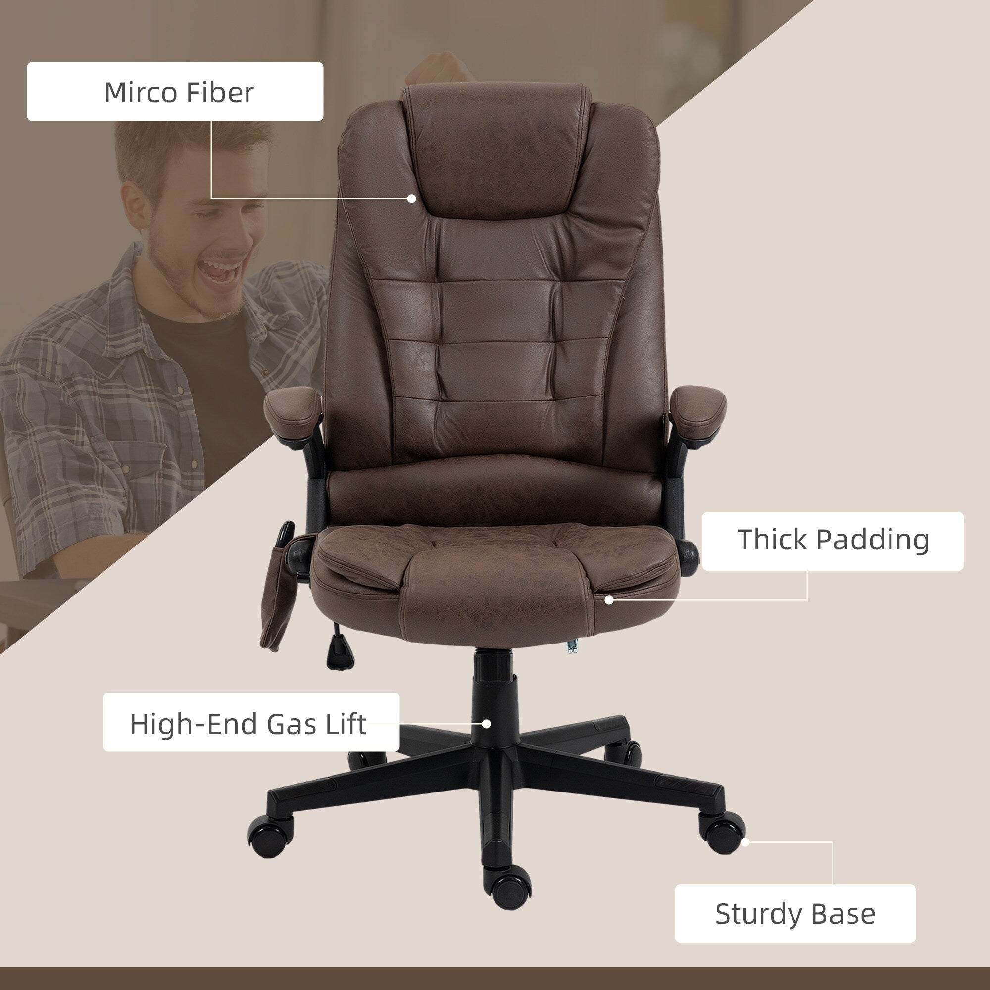 Fauteuil de bureau massant en microfibre avec chauffage, vibration à 6 points, dossier inclinable réglable, accoudoirs rembourrés, télécommande
