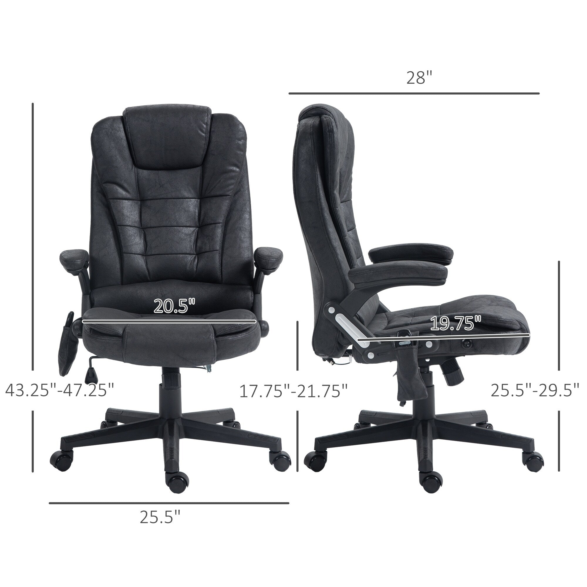 Fauteuil de bureau massant en microfibre avec chauffage, vibration à 6 points, dossier inclinable réglable, accoudoirs rembourrés, télécommande