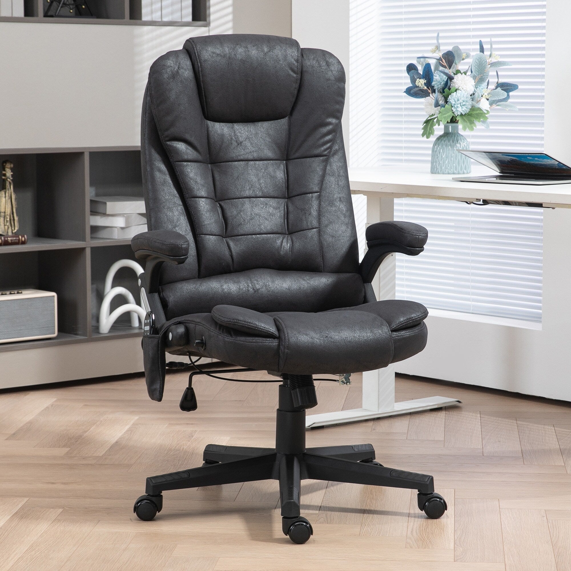 Fauteuil de bureau massant en microfibre avec chauffage, vibration à 6 points, dossier inclinable réglable, accoudoirs rembourrés, télécommande