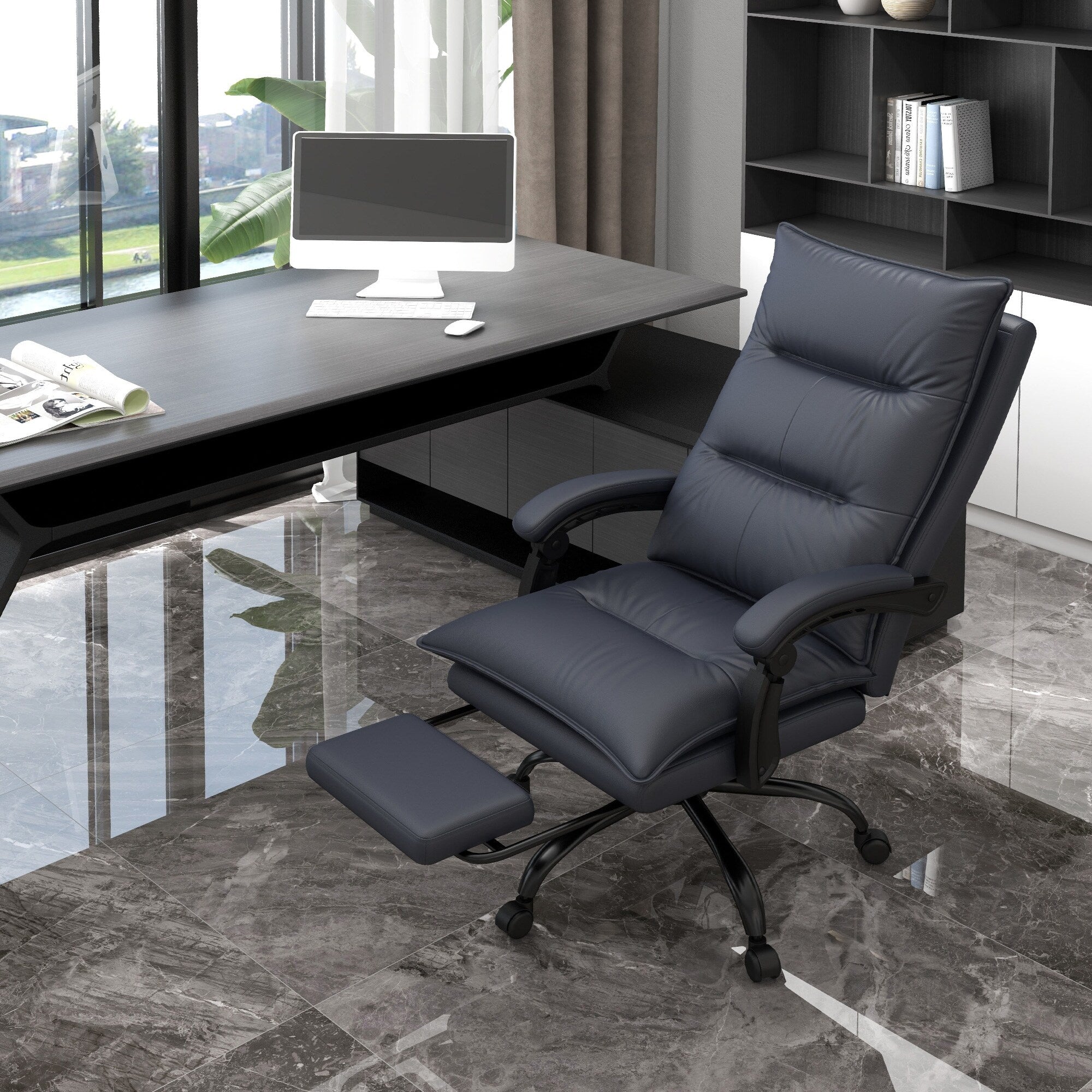 Chaise de bureau en microfibre, fauteuil inclinable massant à 6 points, chaise de bureau réglable avec chauffage lombaire et repose-pieds extensible