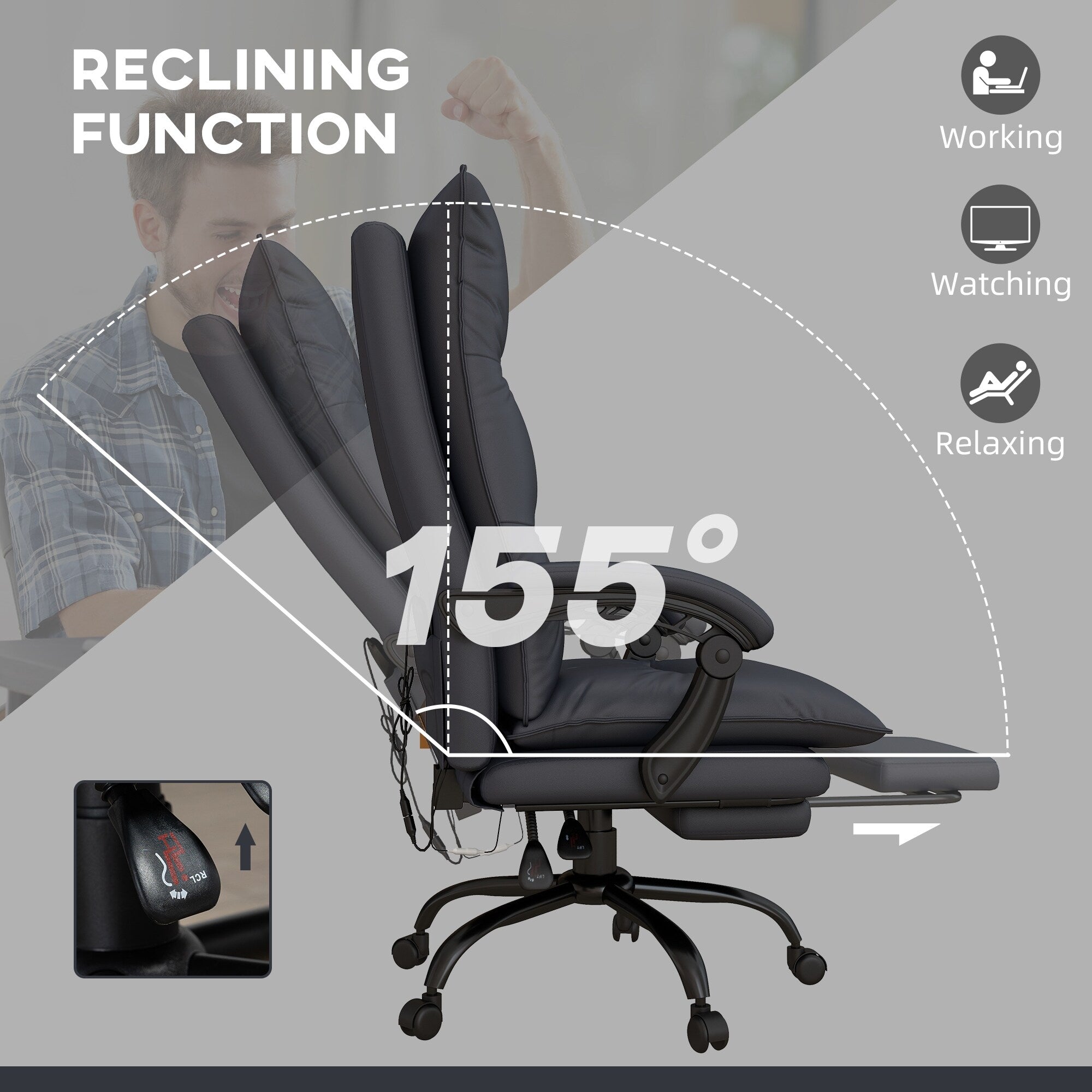 Chaise de bureau en microfibre, fauteuil inclinable massant à 6 points, chaise de bureau réglable avec chauffage lombaire et repose-pieds extensible