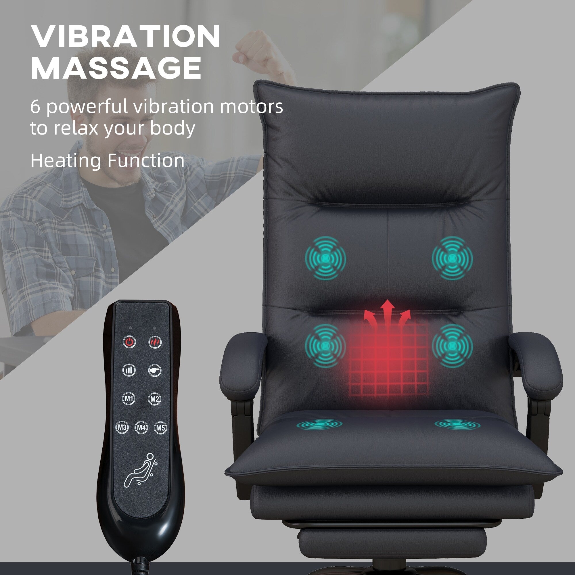 Chaise de bureau en microfibre, fauteuil inclinable massant à 6 points, chaise de bureau réglable avec chauffage lombaire et repose-pieds extensible